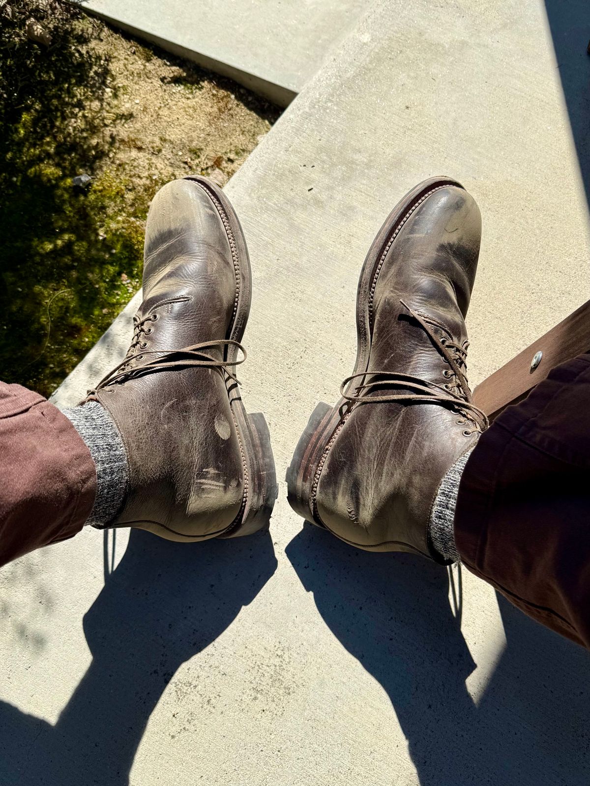 Photo by Drover_Shy on February 28, 2026 of the Viberg Wholecut Derby Boot in C.F. Stead Stone Waxed Kudu.