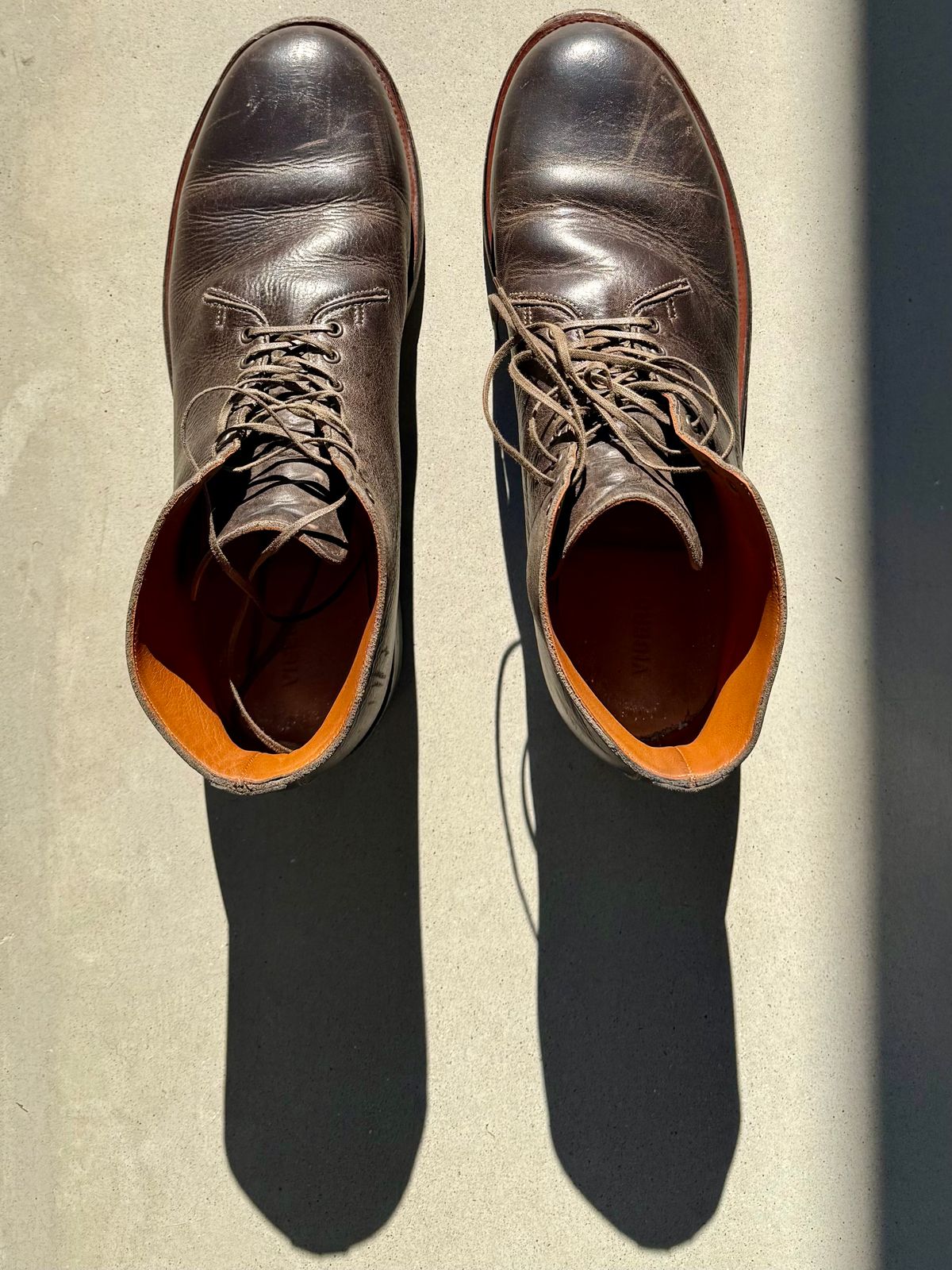 Photo by Drover_Shy on February 28, 2026 of the Viberg Wholecut Derby Boot in C.F. Stead Stone Waxed Kudu.