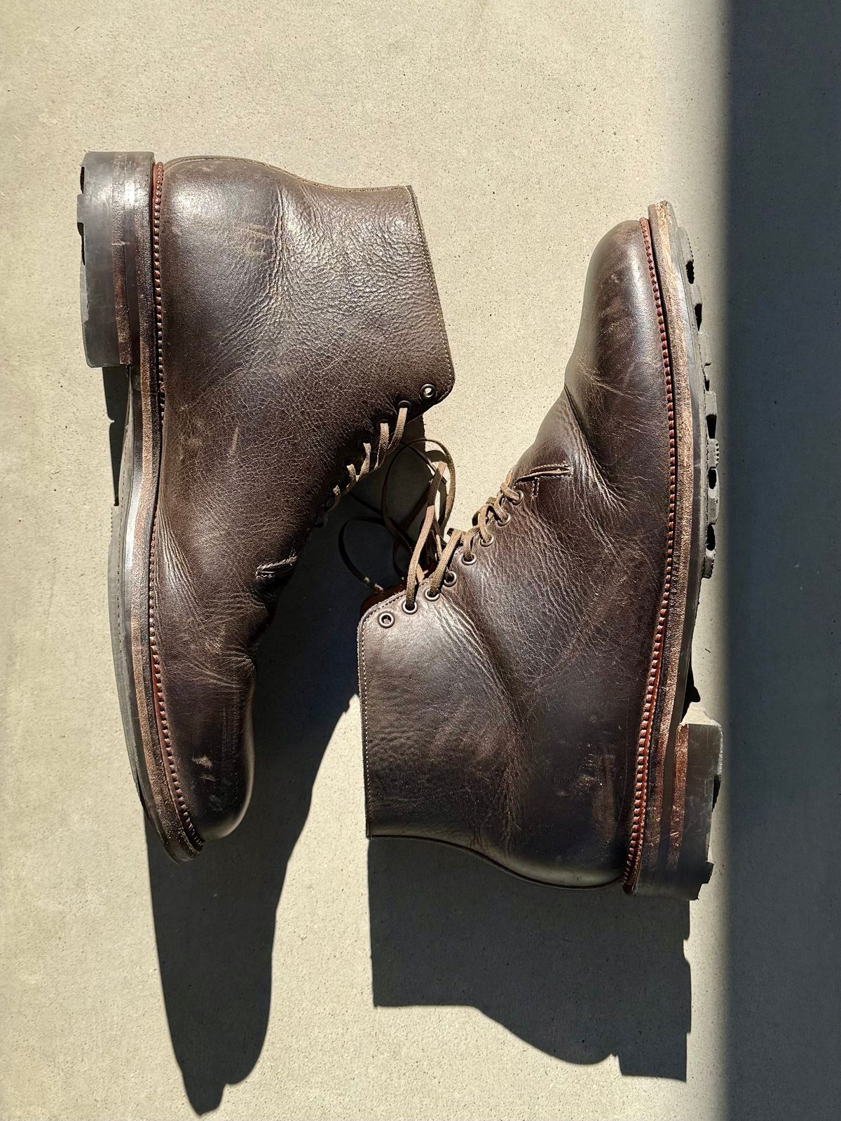 Photo by Drover_Shy on February 28, 2026 of the Viberg Wholecut Derby Boot in C.F. Stead Stone Waxed Kudu.