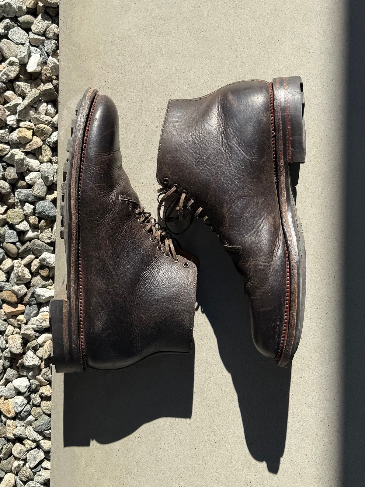 Photo by Drover_Shy on February 28, 2026 of the Viberg Wholecut Derby Boot in C.F. Stead Stone Waxed Kudu.