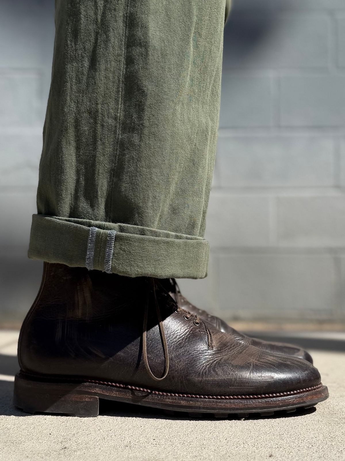 Photo by Drover_Shy on March 13, 2026 of the Viberg Wholecut Derby Boot in C.F. Stead Stone Waxed Kudu.