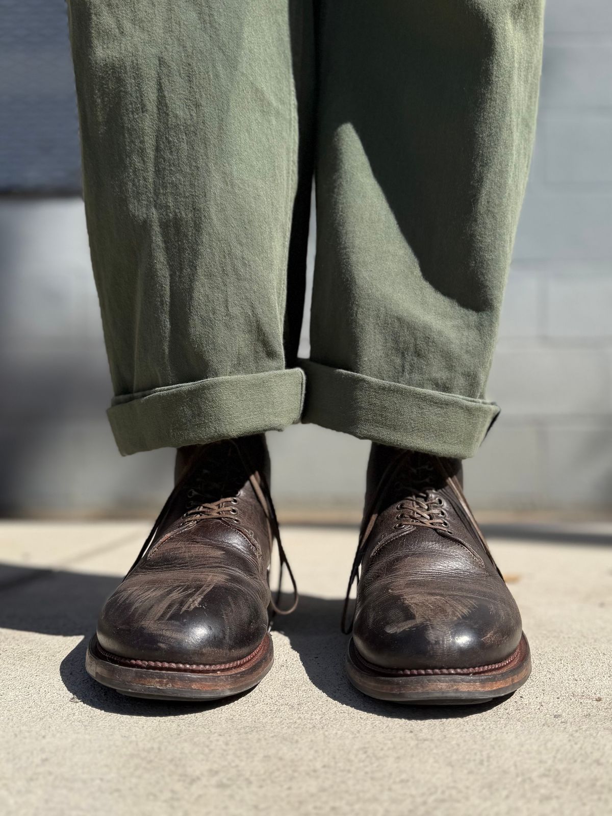 Photo by Drover_Shy on March 13, 2026 of the Viberg Wholecut Derby Boot in C.F. Stead Stone Waxed Kudu.