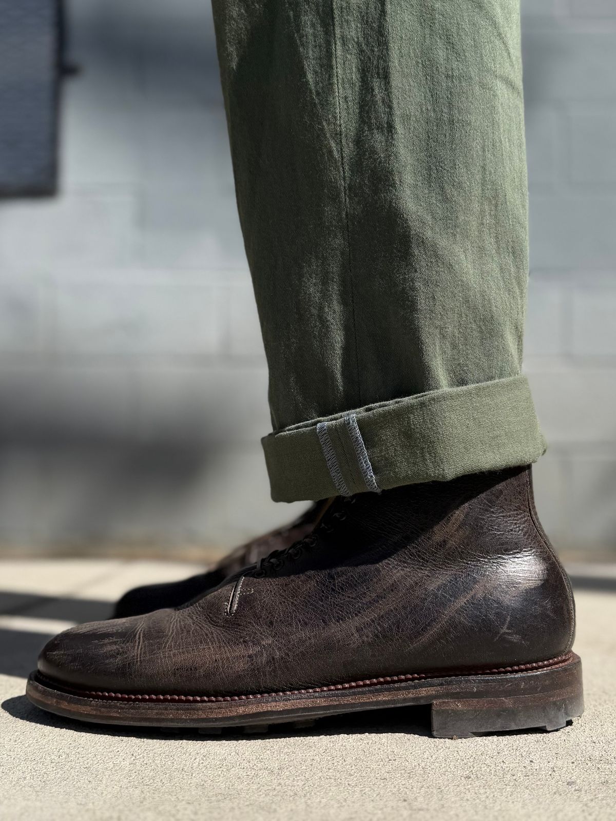 Photo by Drover_Shy on March 13, 2026 of the Viberg Wholecut Derby Boot in C.F. Stead Stone Waxed Kudu.