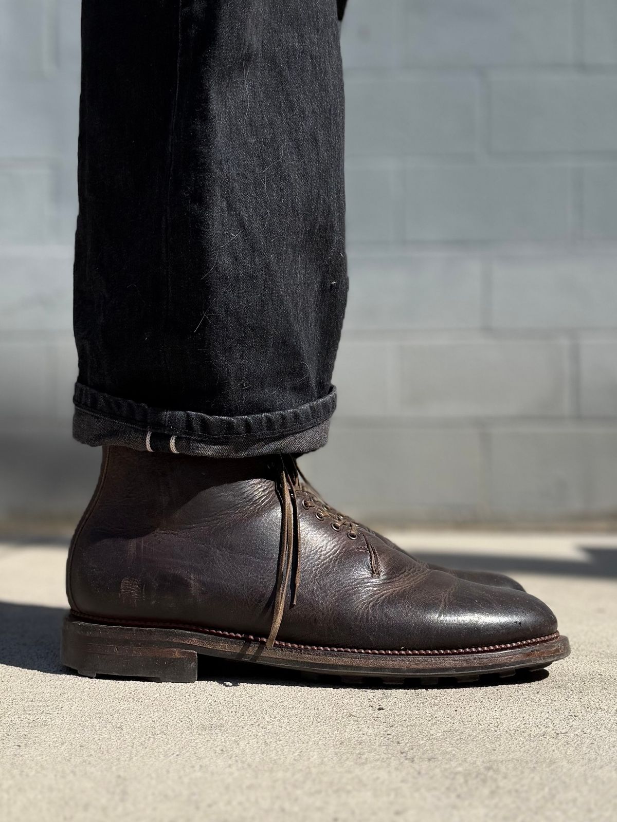 Photo by Drover_Shy on March 16, 2026 of the Viberg Wholecut Derby Boot in C.F. Stead Stone Waxed Kudu.
