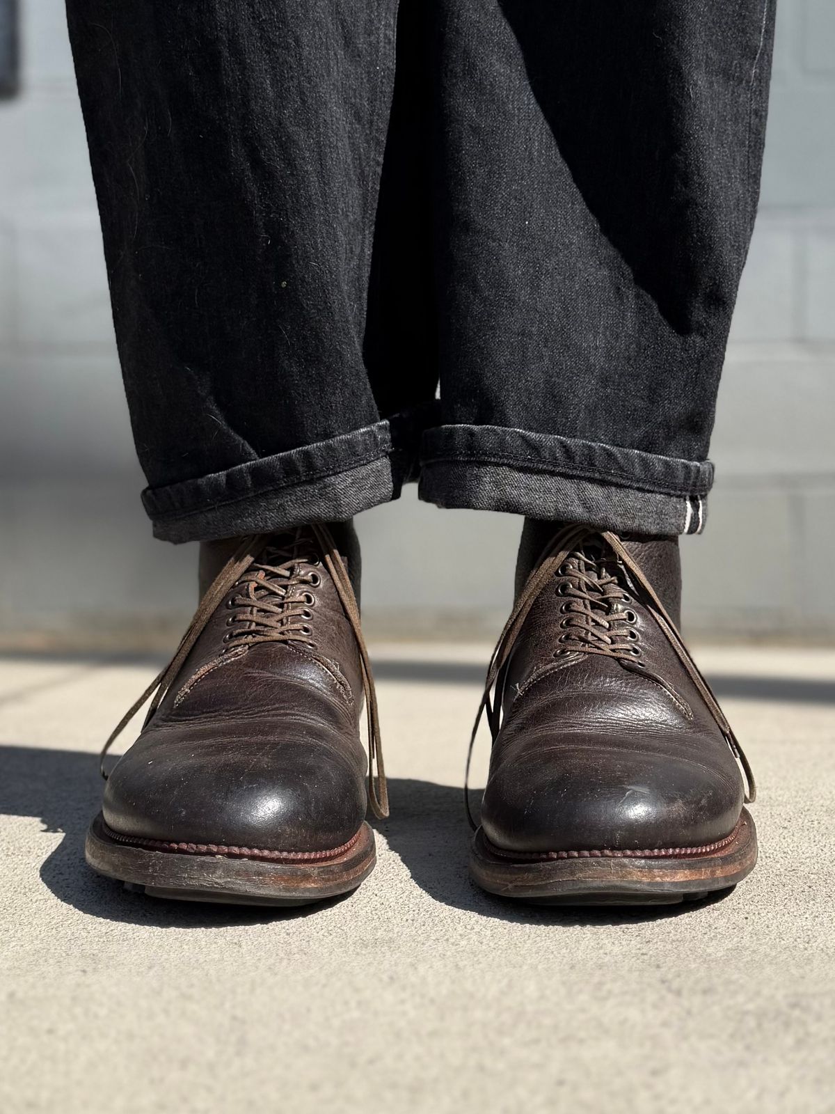 Photo by Drover_Shy on March 16, 2026 of the Viberg Wholecut Derby Boot in C.F. Stead Stone Waxed Kudu.