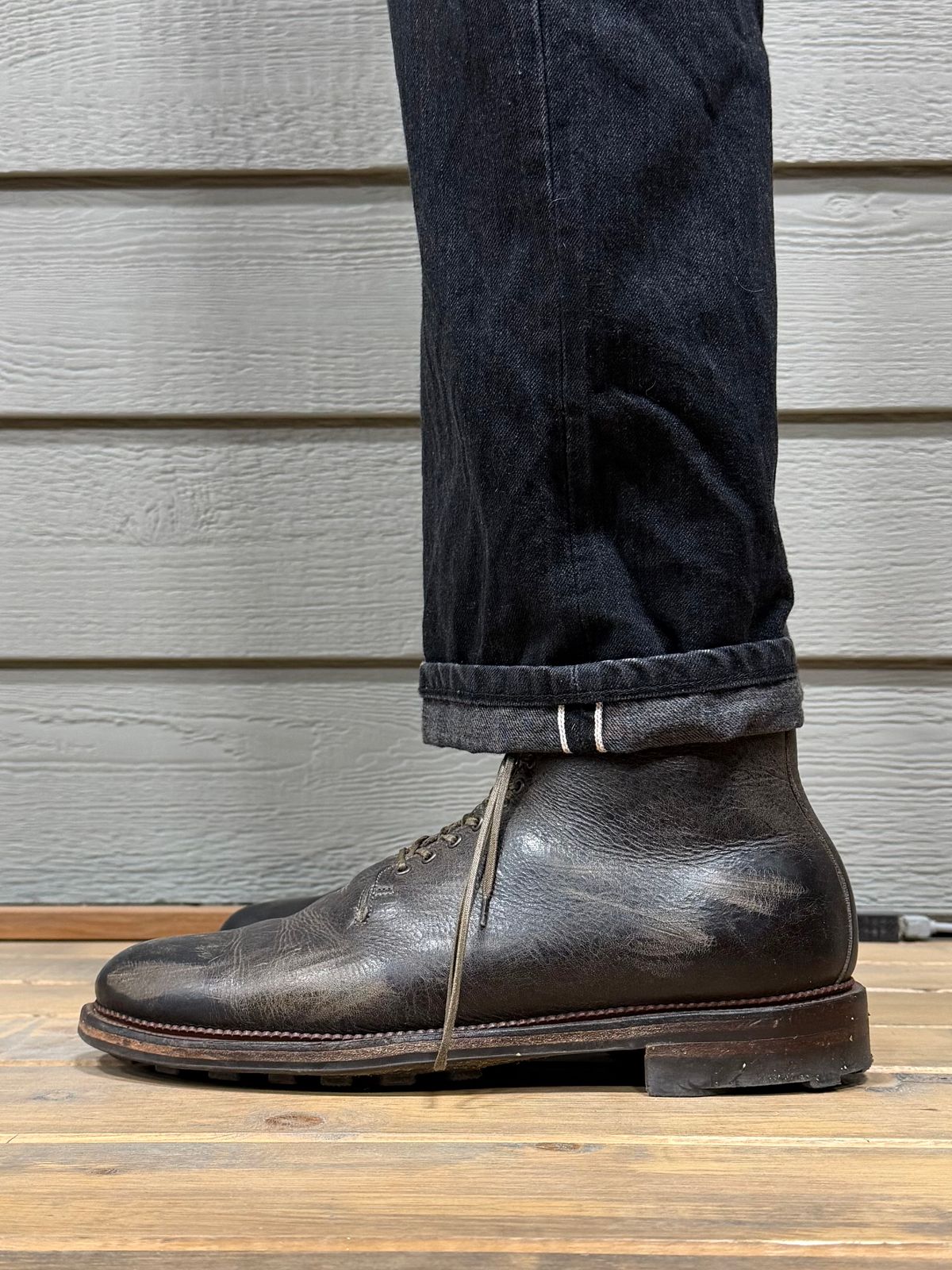 Photo by Drover_Shy on March 9, 2026 of the Viberg Wholecut Derby Boot in C.F. Stead Stone Waxed Kudu.