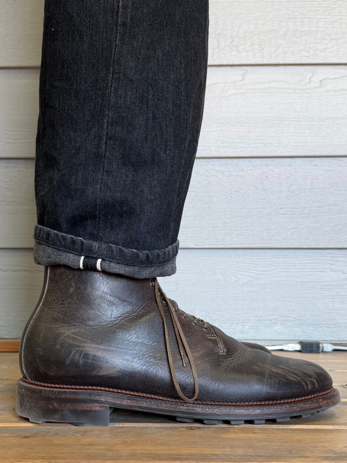 Photo by Drover_Shy on March 9, 2026 of the Viberg Wholecut Derby Boot in C.F. Stead Stone Waxed Kudu.