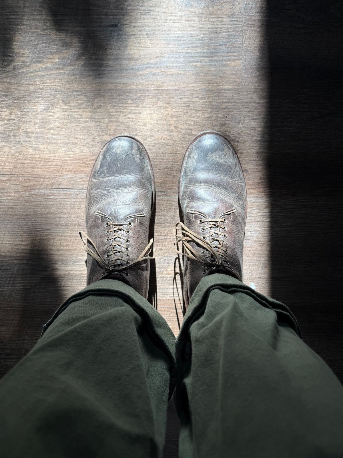 Photo by Drover_Shy on March 12, 2026 of the Viberg Wholecut Derby Boot in C.F. Stead Stone Waxed Kudu.