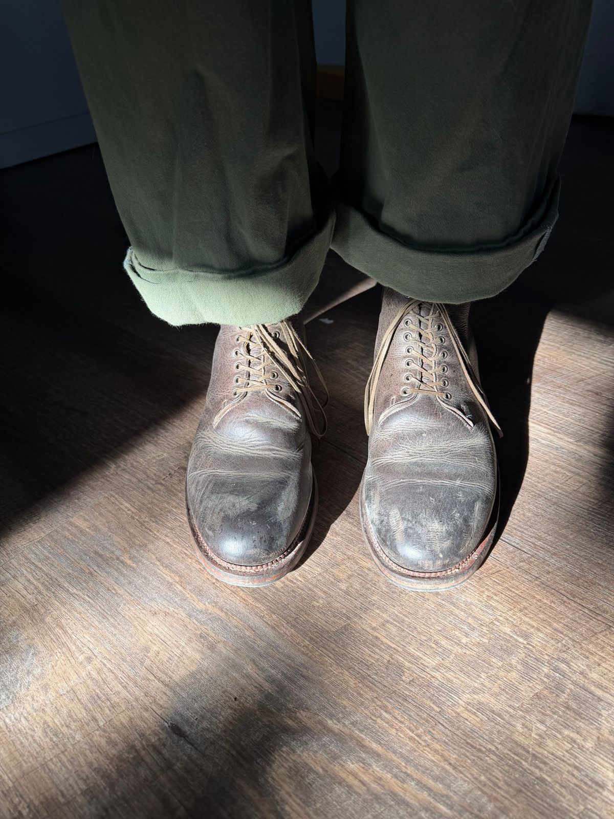 Photo by Drover_Shy on March 12, 2026 of the Viberg Wholecut Derby Boot in C.F. Stead Stone Waxed Kudu.