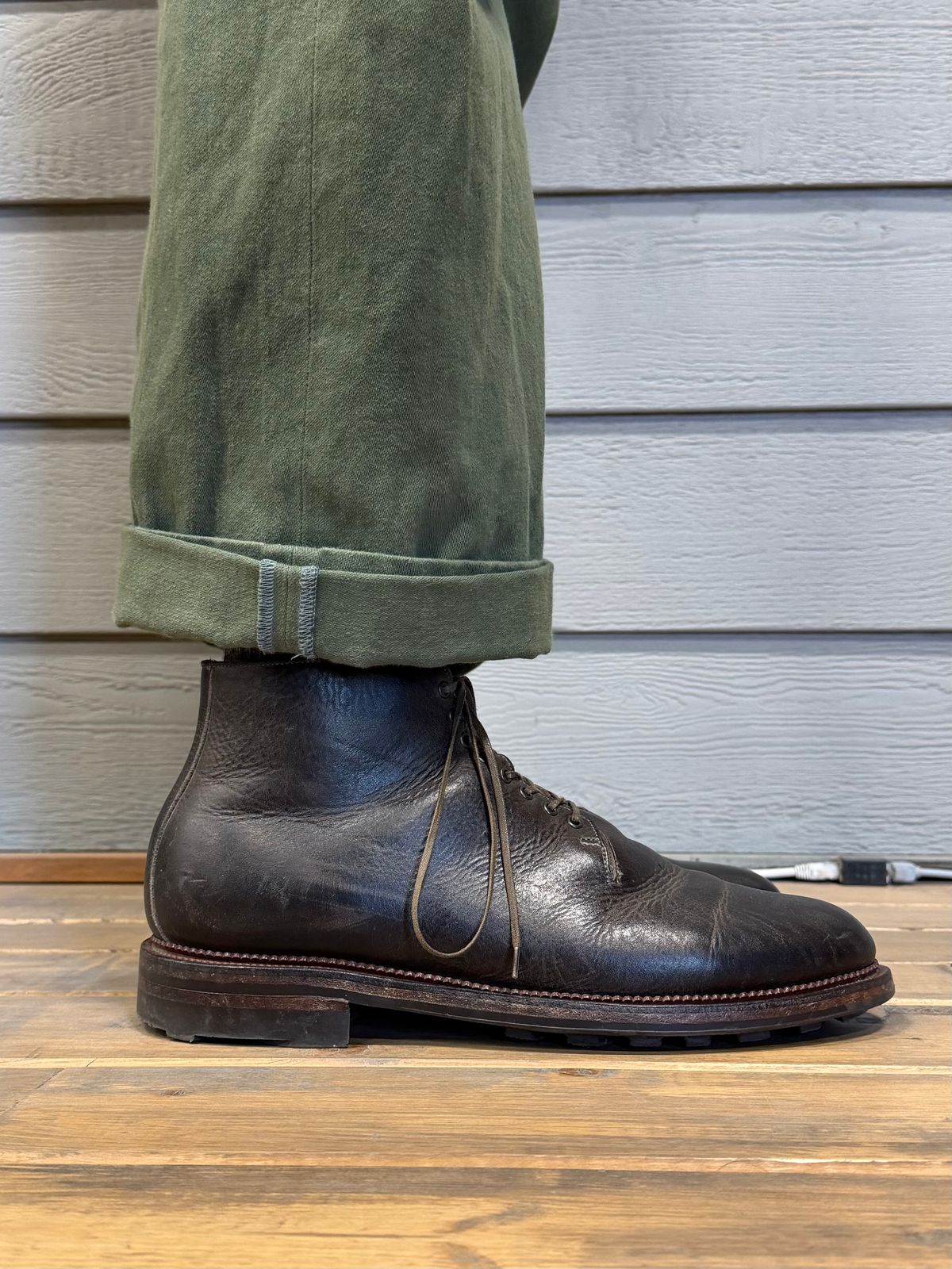 Photo by Drover_Shy on March 13, 2026 of the Viberg Wholecut Derby Boot in C.F. Stead Stone Waxed Kudu.