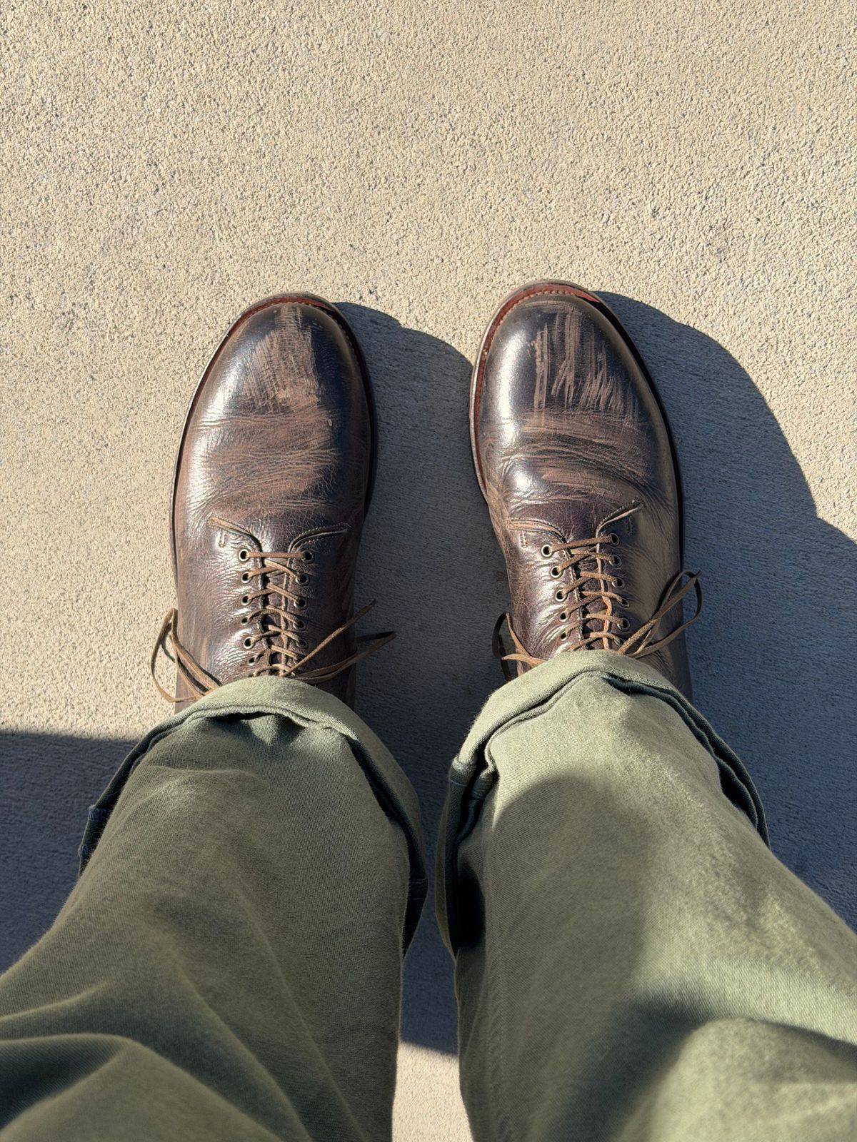 Photo by Drover_Shy on March 13, 2026 of the Viberg Wholecut Derby Boot in C.F. Stead Stone Waxed Kudu.