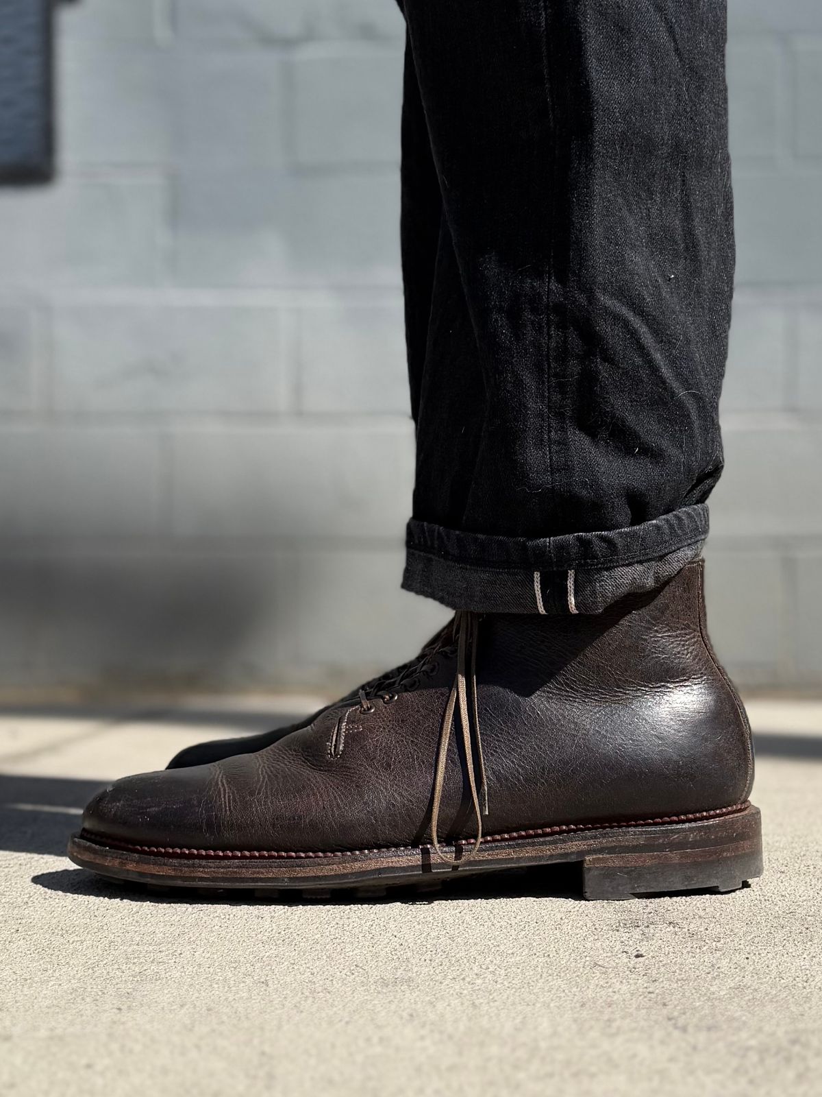 Photo by Drover_Shy on March 16, 2026 of the Viberg Wholecut Derby Boot in C.F. Stead Stone Waxed Kudu.