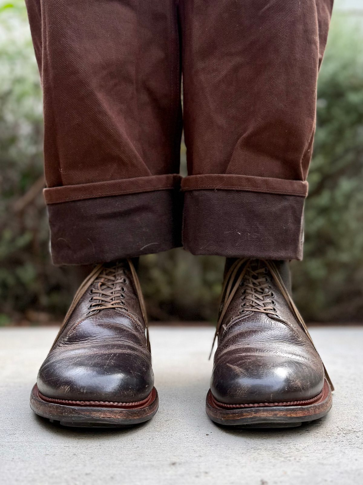 Photo by Drover_Shy on April 10, 2026 of the Viberg Wholecut Derby Boot in C.F. Stead Stone Waxed Kudu.