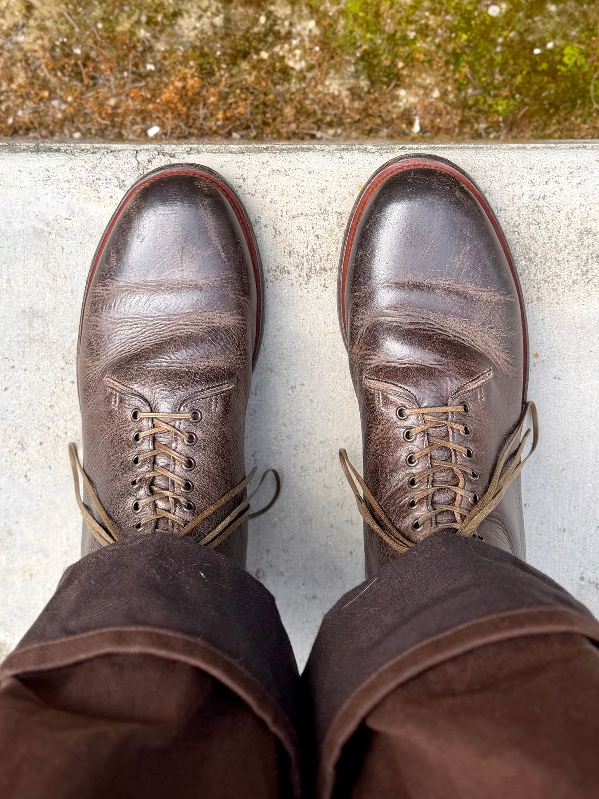 Photo by Drover_Shy on April 10, 2026 of the Viberg Wholecut Derby Boot in C.F. Stead Stone Waxed Kudu.