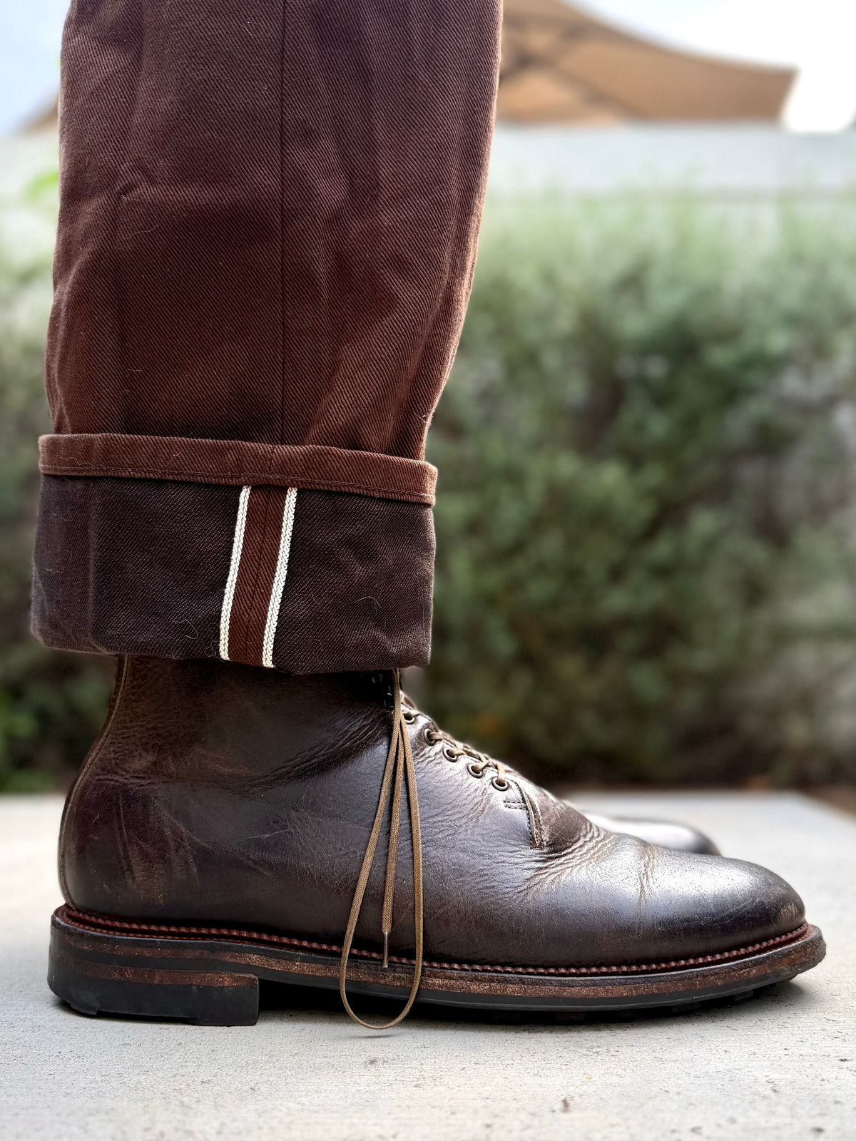 Photo by Drover_Shy on April 10, 2026 of the Viberg Wholecut Derby Boot in C.F. Stead Stone Waxed Kudu.