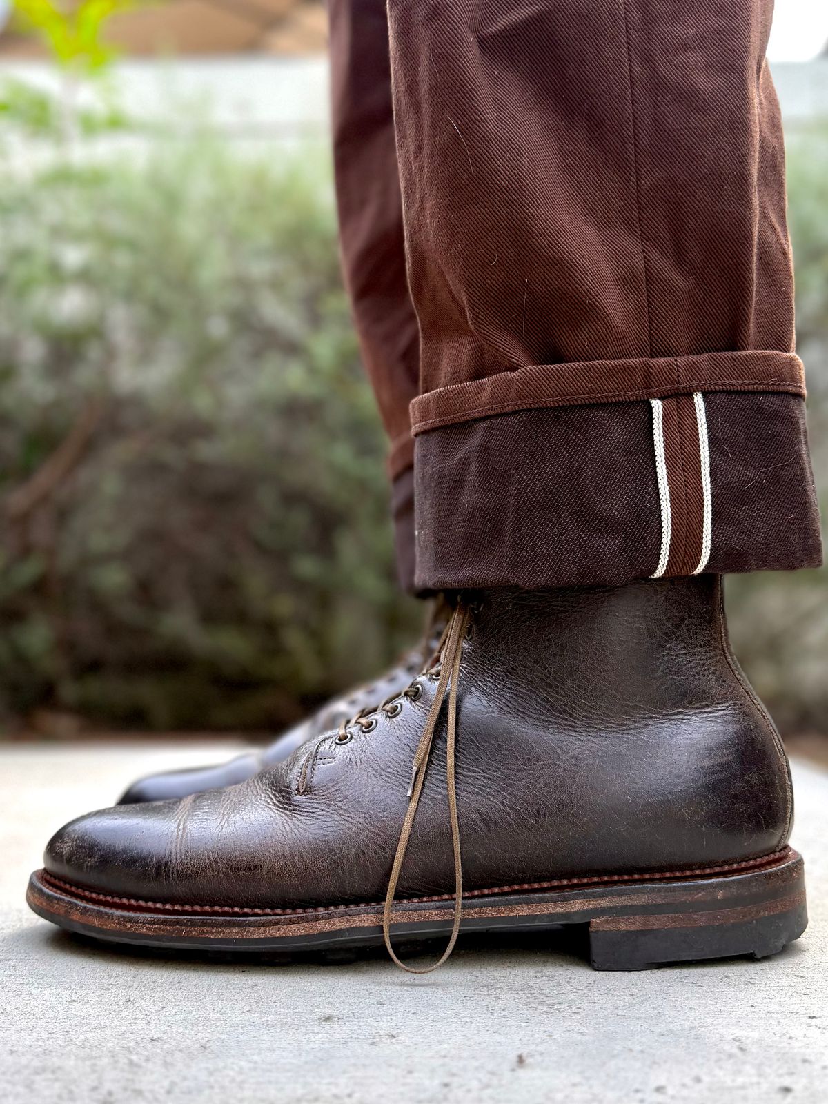 Photo by Drover_Shy on April 10, 2026 of the Viberg Wholecut Derby Boot in C.F. Stead Stone Waxed Kudu.