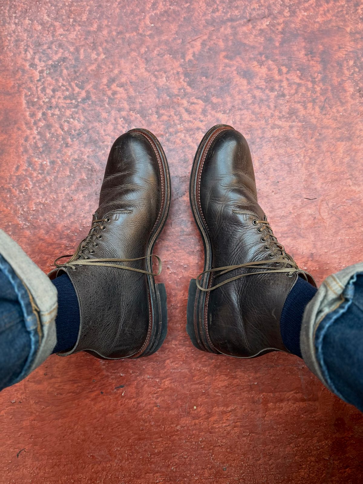 Photo by Drover_Shy on April 12, 2026 of the Viberg Wholecut Derby Boot in C.F. Stead Stone Waxed Kudu.