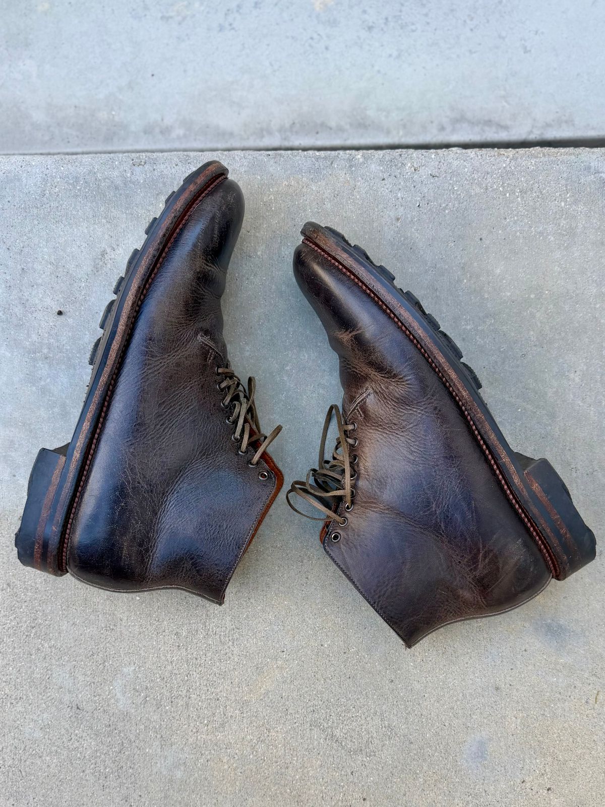 Photo by Drover_Shy on April 12, 2026 of the Viberg Wholecut Derby Boot in C.F. Stead Stone Waxed Kudu.