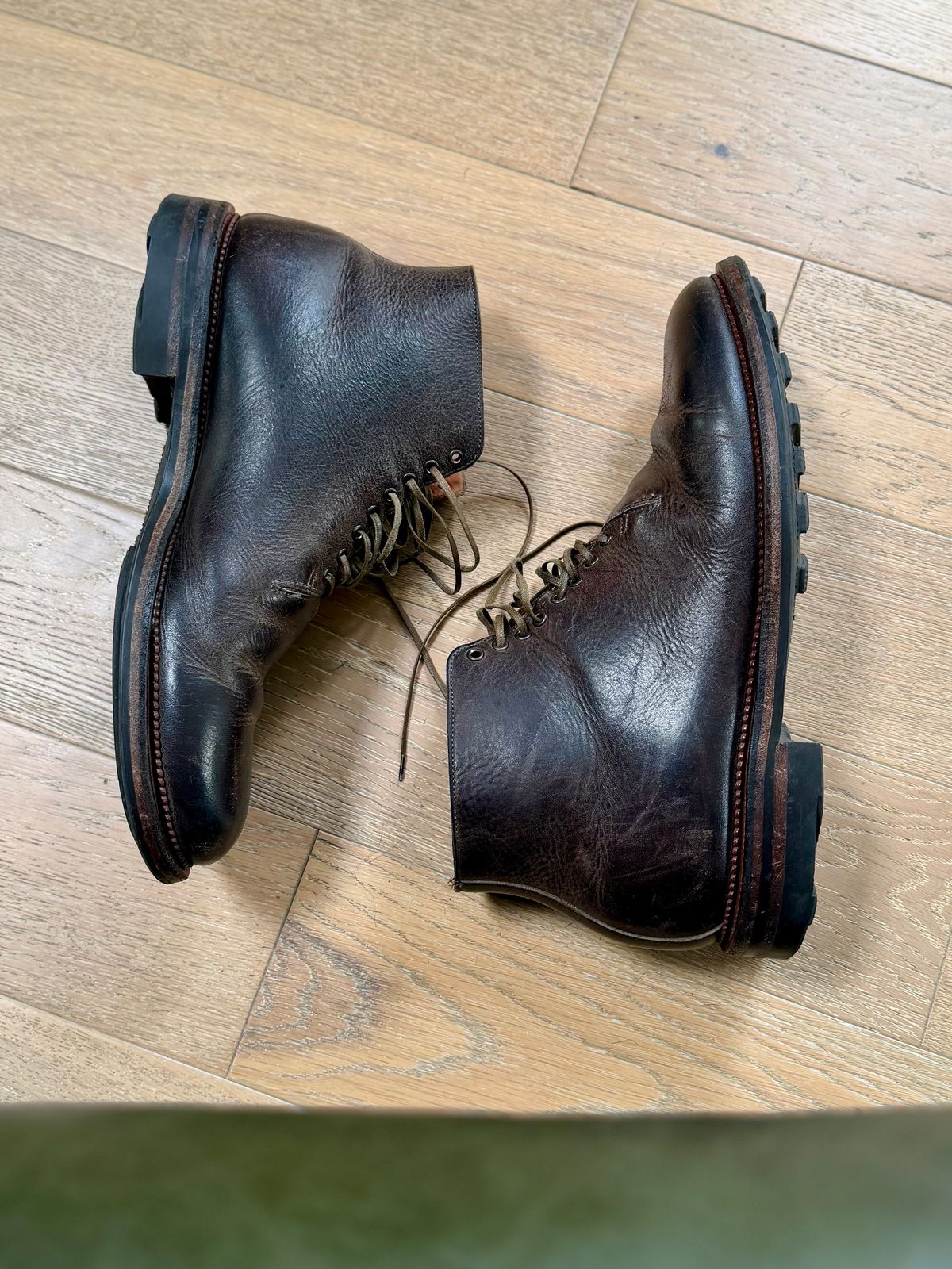 Photo by Drover_Shy on April 12, 2026 of the Viberg Wholecut Derby Boot in C.F. Stead Stone Waxed Kudu.