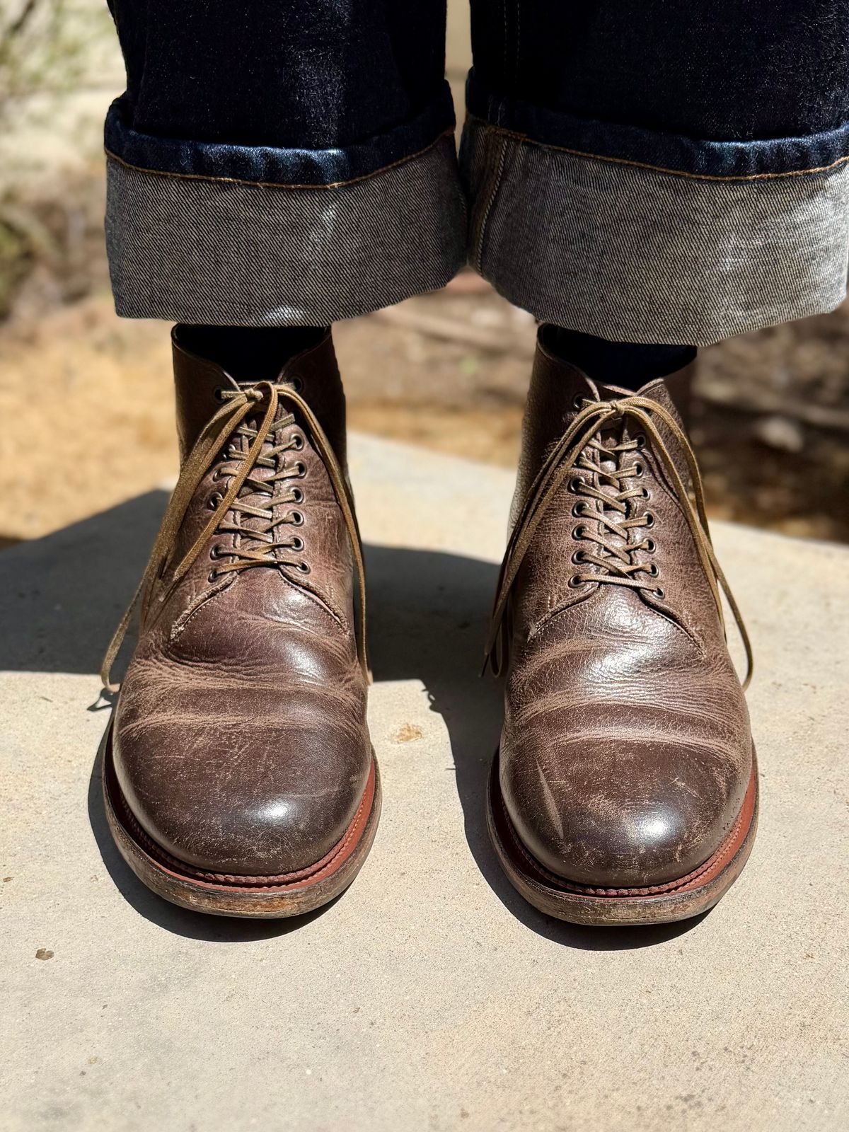Photo by Drover_Shy on April 26, 2026 of the Viberg Wholecut Derby Boot in C.F. Stead Stone Waxed Kudu.