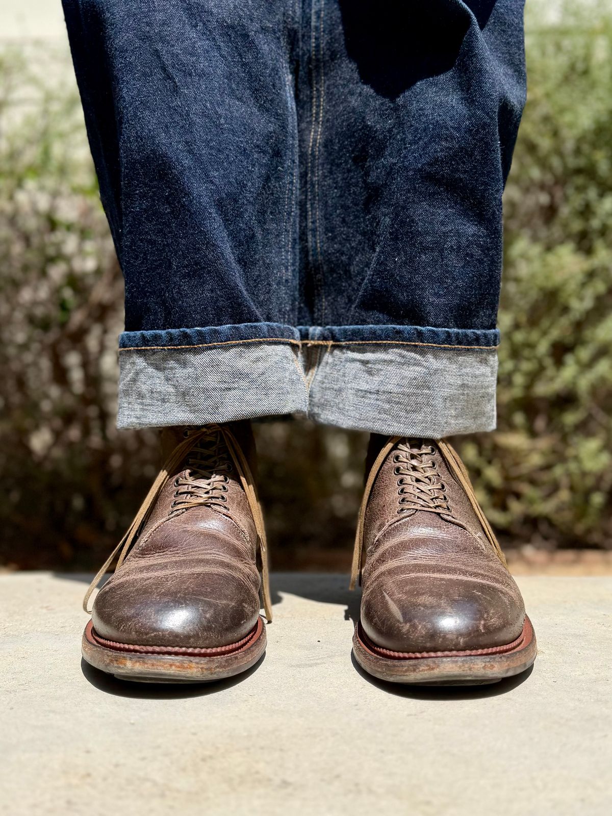Photo by Drover_Shy on April 26, 2026 of the Viberg Wholecut Derby Boot in C.F. Stead Stone Waxed Kudu.
