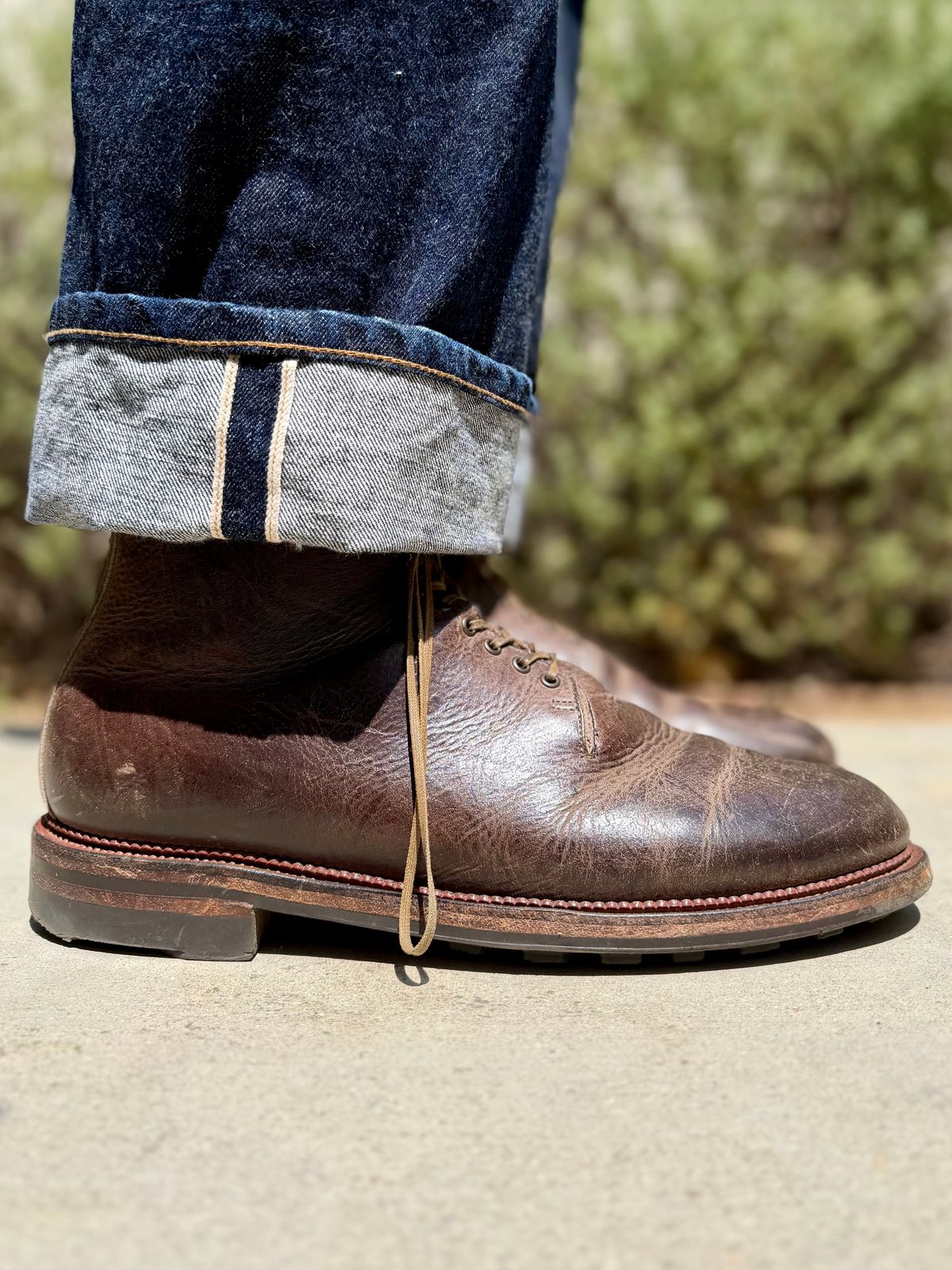 Photo by Drover_Shy on April 26, 2026 of the Viberg Wholecut Derby Boot in C.F. Stead Stone Waxed Kudu.