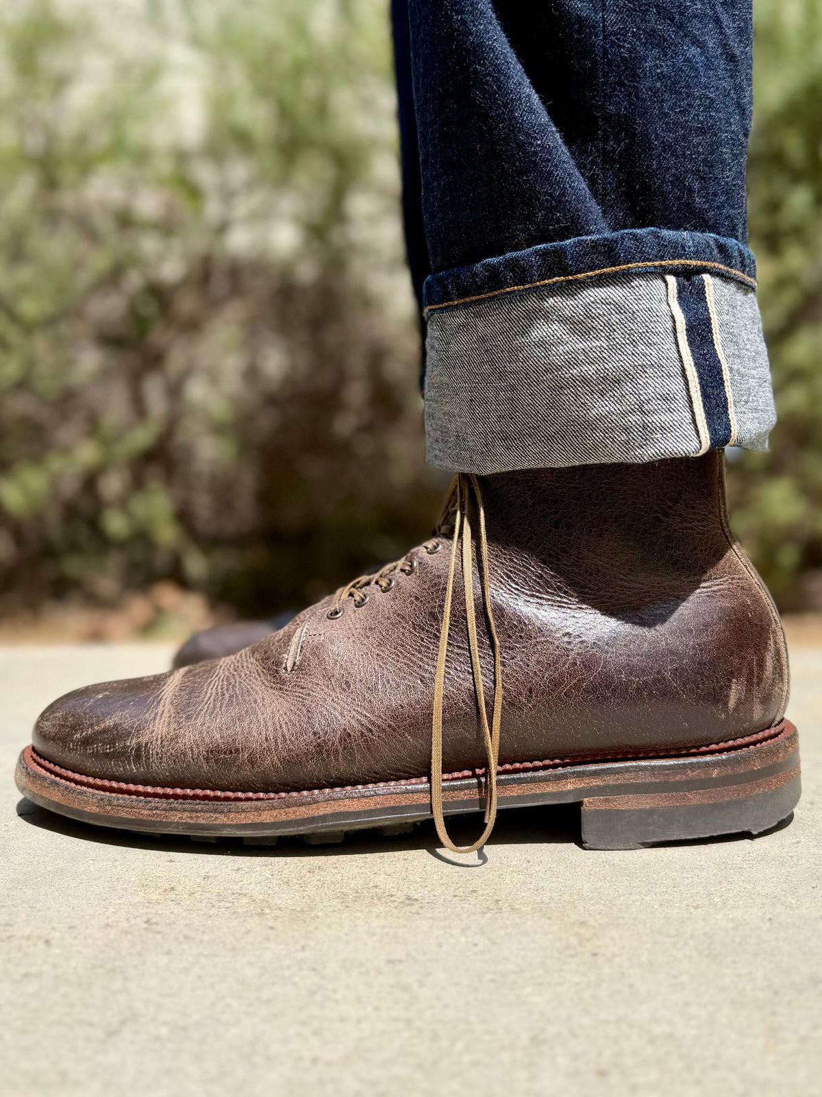 Photo by Drover_Shy on April 26, 2026 of the Viberg Wholecut Derby Boot in C.F. Stead Stone Waxed Kudu.