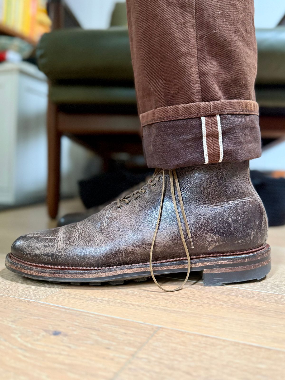 Photo by Drover_Shy on May 3, 2026 of the Viberg Wholecut Derby Boot in C.F. Stead Stone Waxed Kudu.