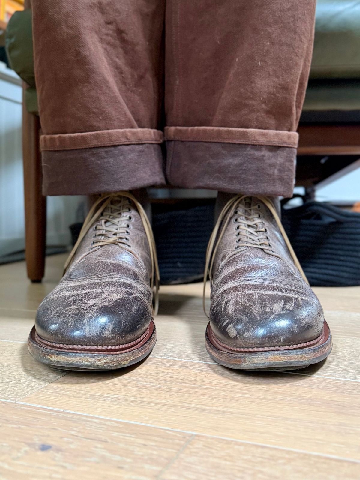 Photo by Drover_Shy on May 3, 2026 of the Viberg Wholecut Derby Boot in C.F. Stead Stone Waxed Kudu.
