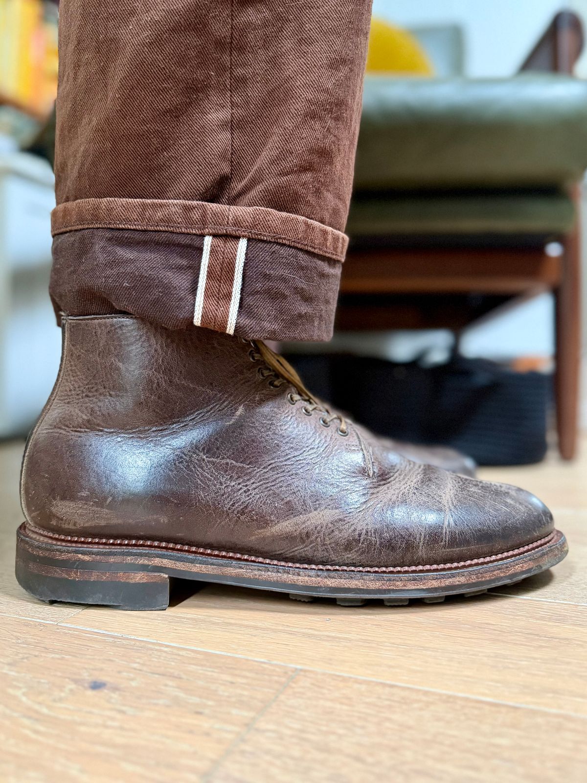 Photo by Drover_Shy on May 3, 2026 of the Viberg Wholecut Derby Boot in C.F. Stead Stone Waxed Kudu.