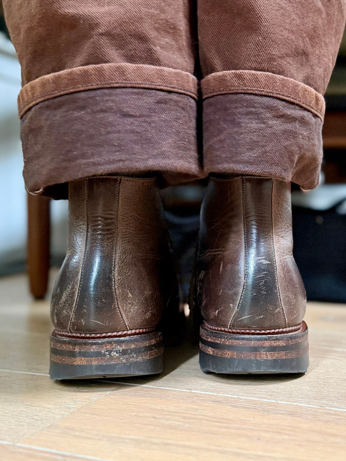 Photo by Drover_Shy on May 3, 2026 of the Viberg Wholecut Derby Boot in C.F. Stead Stone Waxed Kudu.
