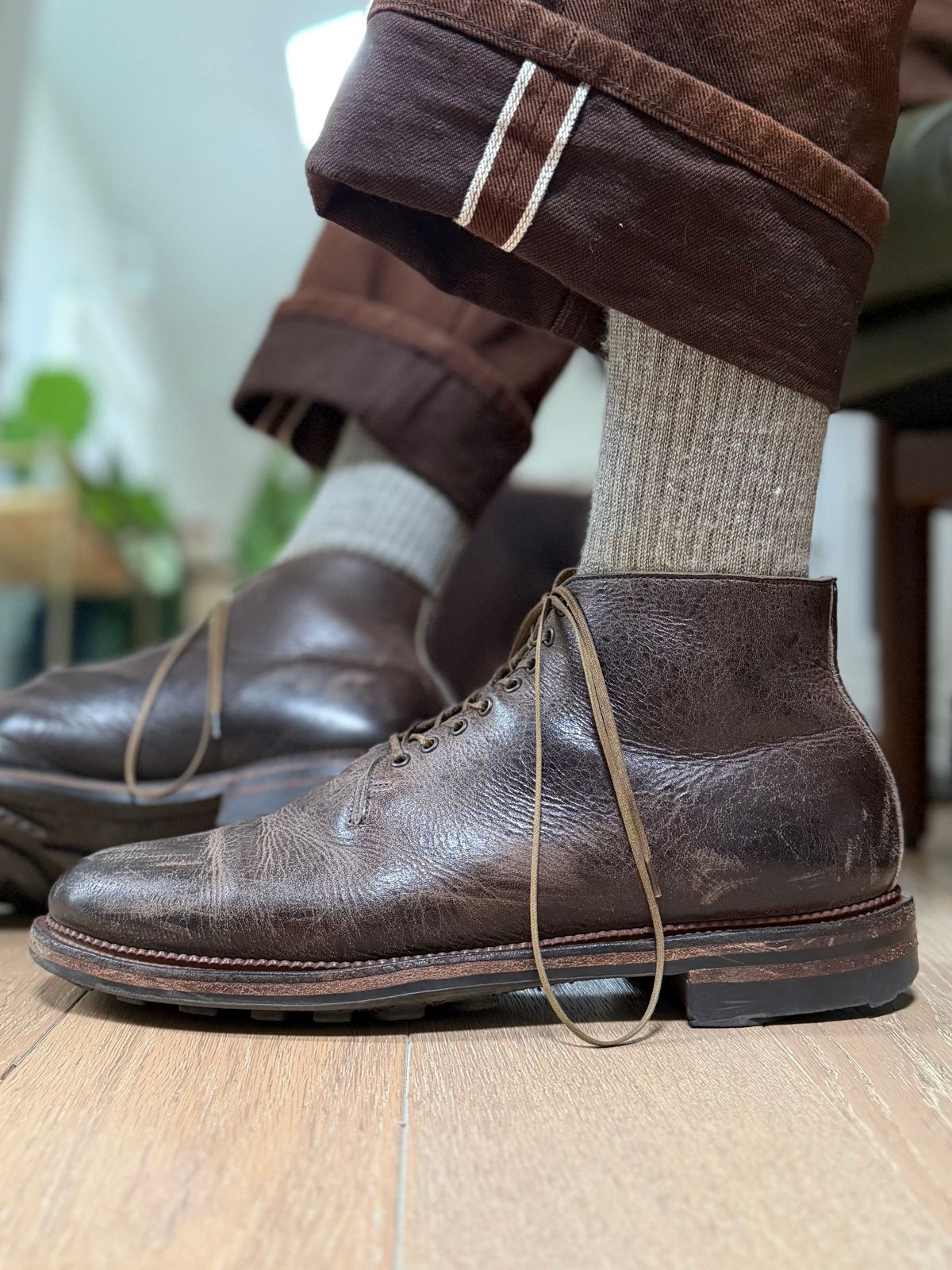 Photo by Drover_Shy on May 3, 2026 of the Viberg Wholecut Derby Boot in C.F. Stead Stone Waxed Kudu.