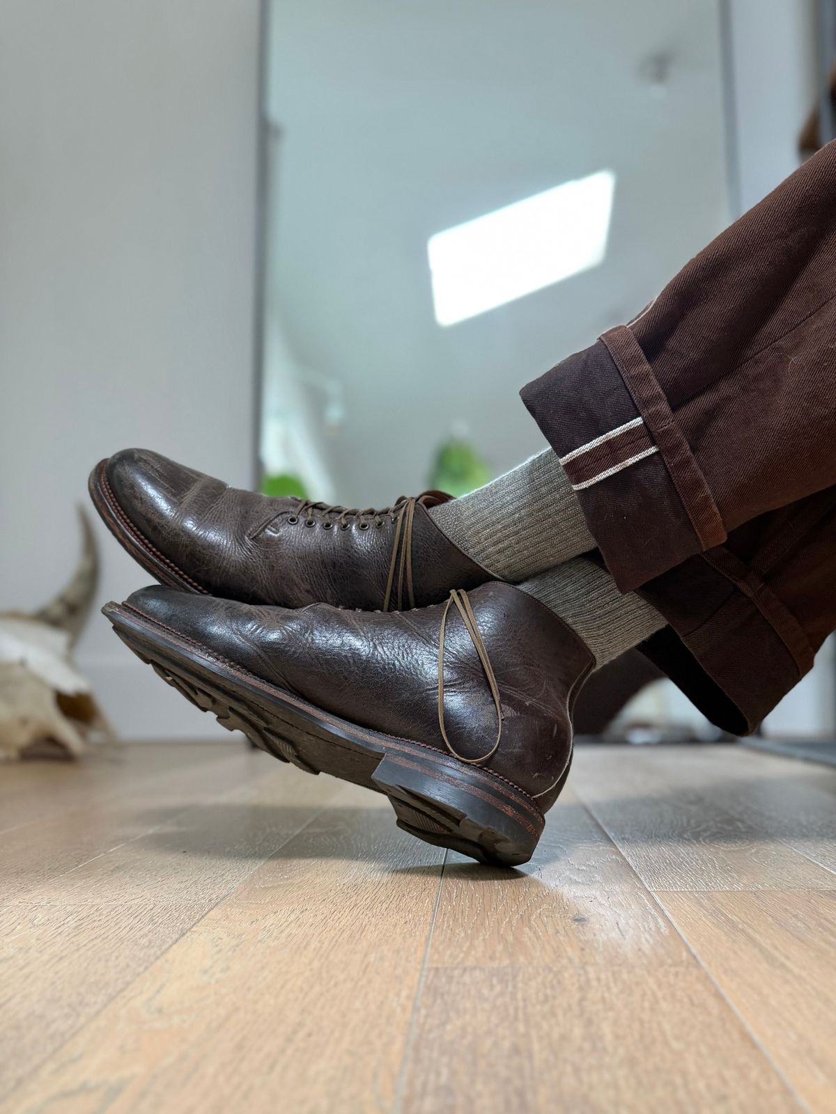 Photo by Drover_Shy on May 3, 2026 of the Viberg Wholecut Derby Boot in C.F. Stead Stone Waxed Kudu.