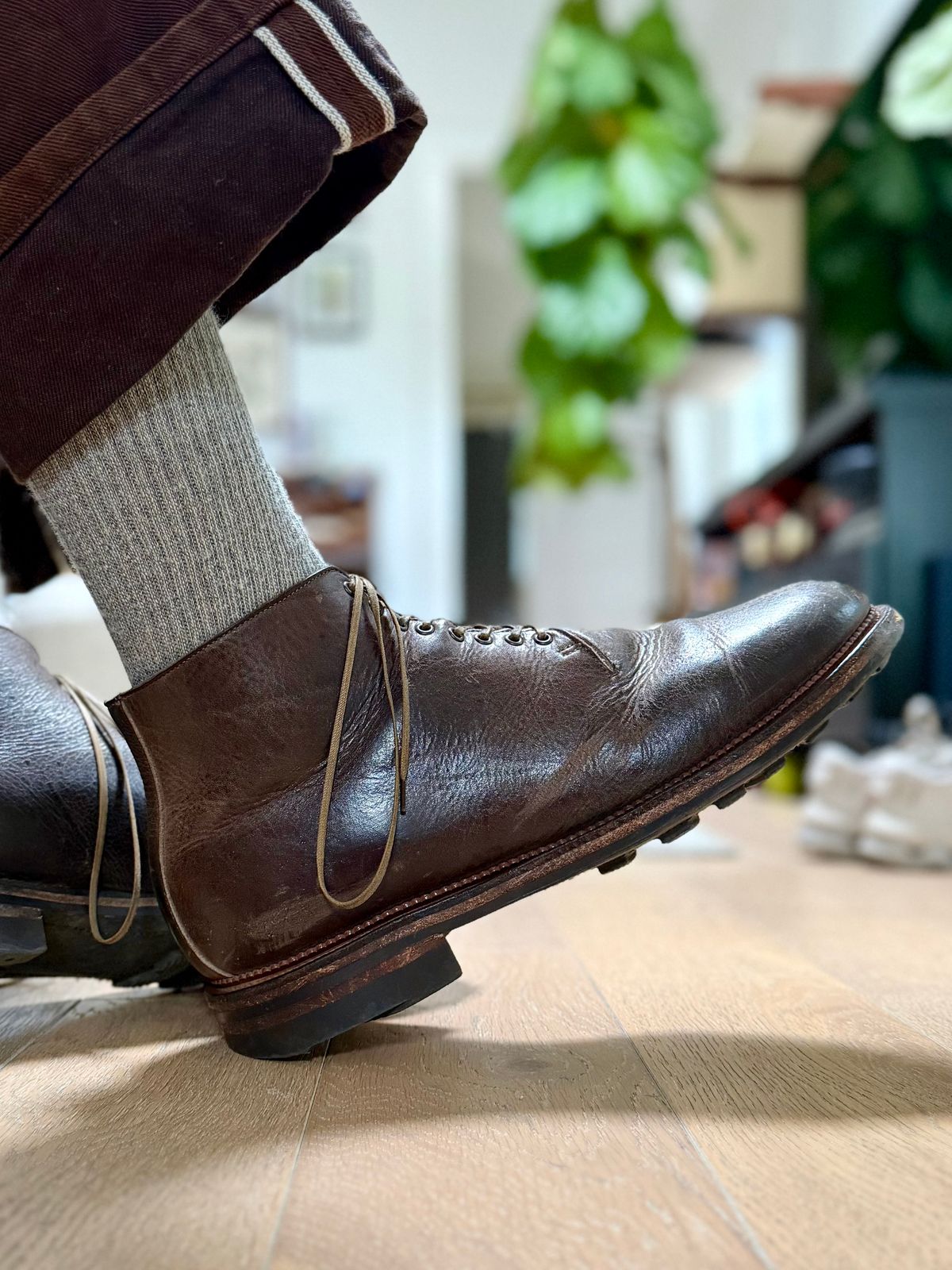 Photo by Drover_Shy on May 3, 2026 of the Viberg Wholecut Derby Boot in C.F. Stead Stone Waxed Kudu.