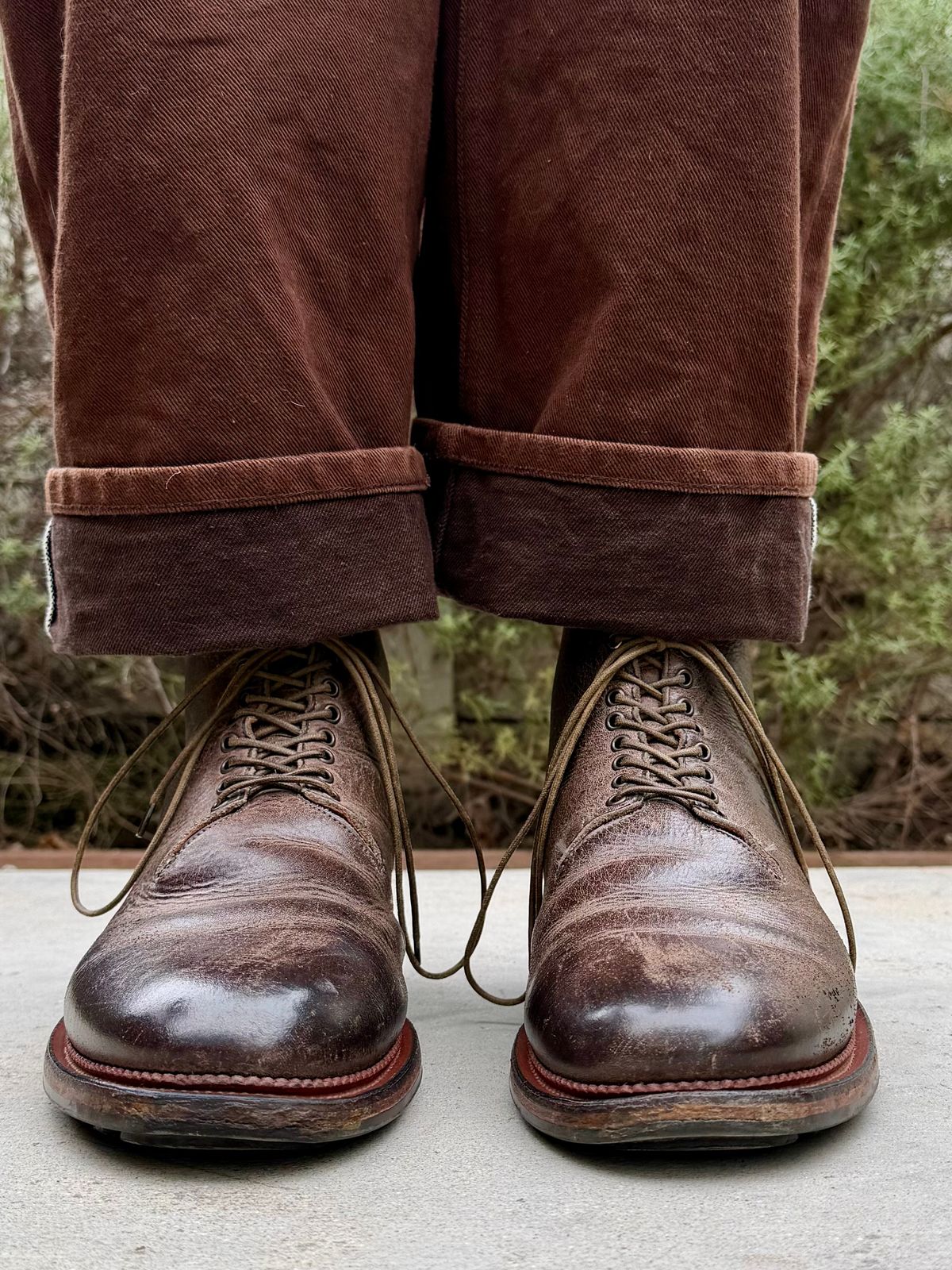Photo by Drover_Shy on May 13, 2026 of the Viberg Wholecut Derby Boot in C.F. Stead Stone Waxed Kudu.