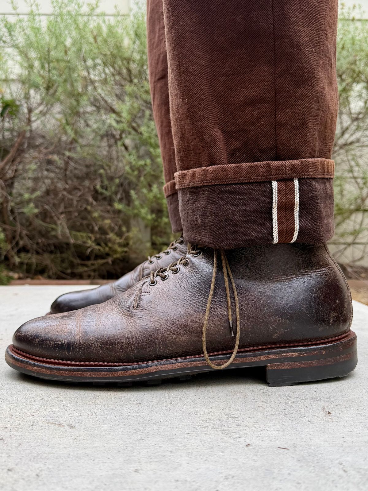 Photo by Drover_Shy on May 13, 2026 of the Viberg Wholecut Derby Boot in C.F. Stead Stone Waxed Kudu.