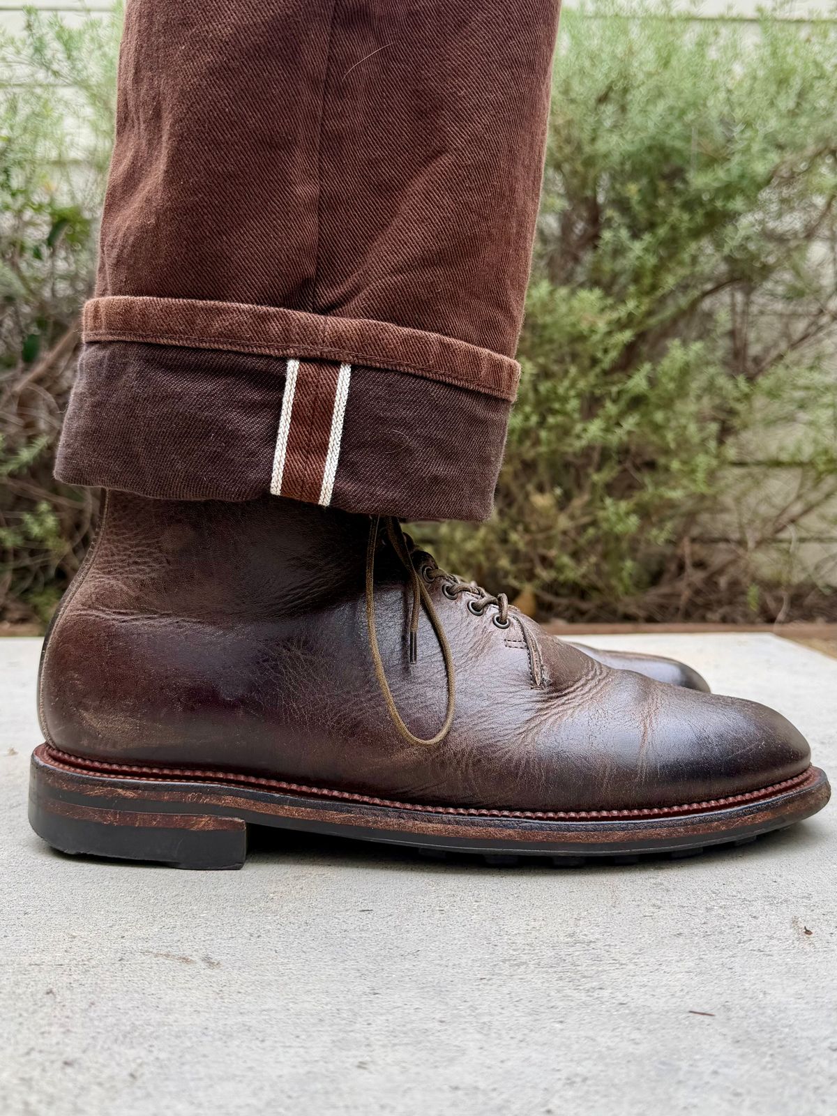 Photo by Drover_Shy on May 13, 2026 of the Viberg Wholecut Derby Boot in C.F. Stead Stone Waxed Kudu.