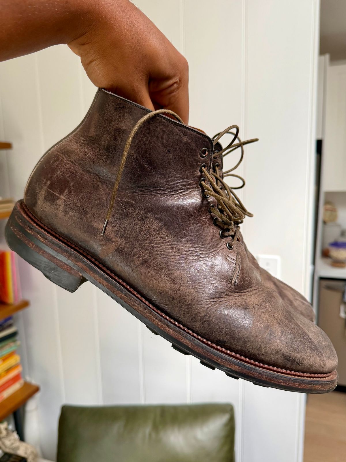 Photo by Drover_Shy on May 17, 2026 of the Viberg Wholecut Derby Boot in C.F. Stead Stone Waxed Kudu.