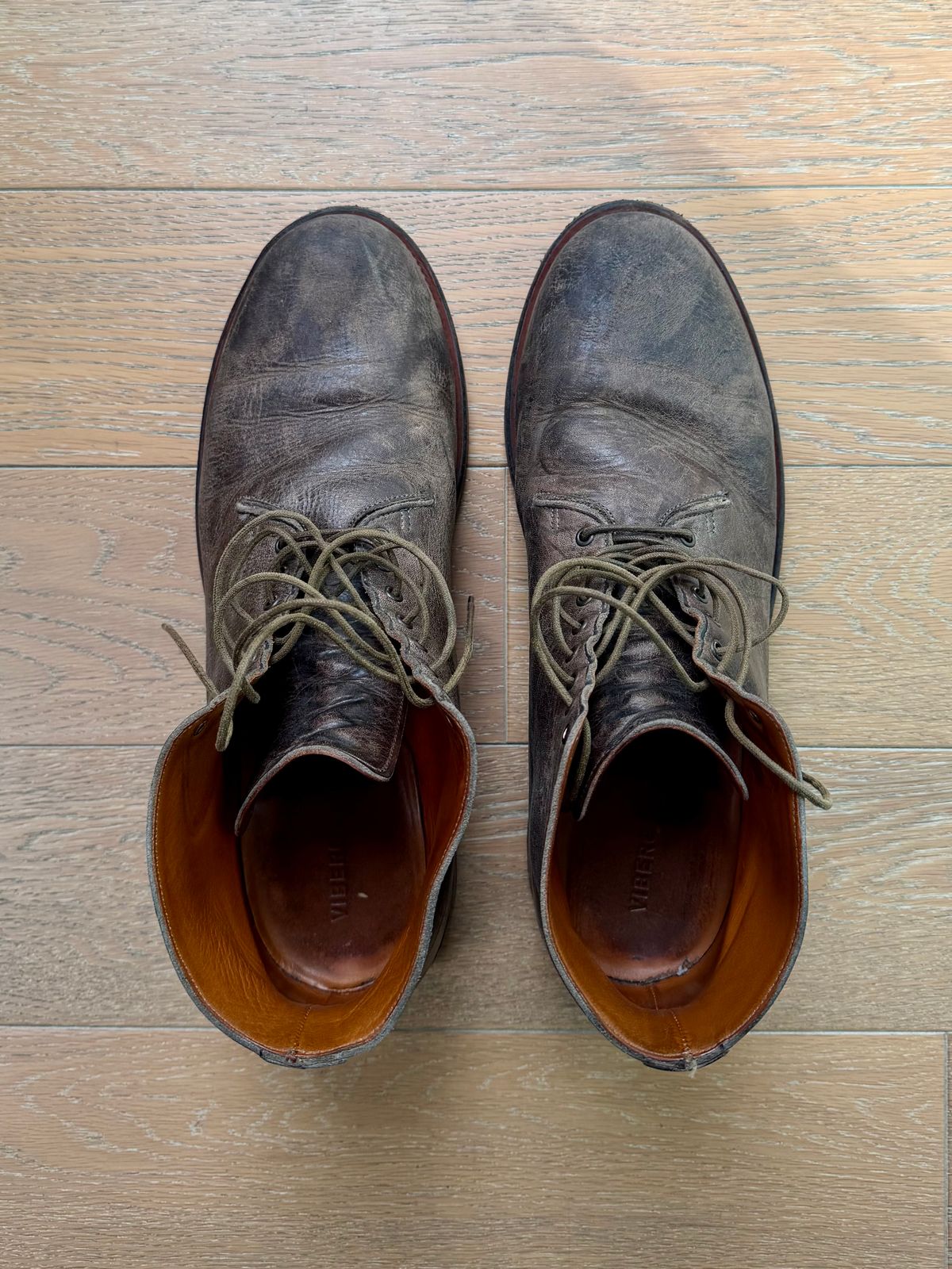 Photo by Drover_Shy on May 17, 2026 of the Viberg Wholecut Derby Boot in C.F. Stead Stone Waxed Kudu.