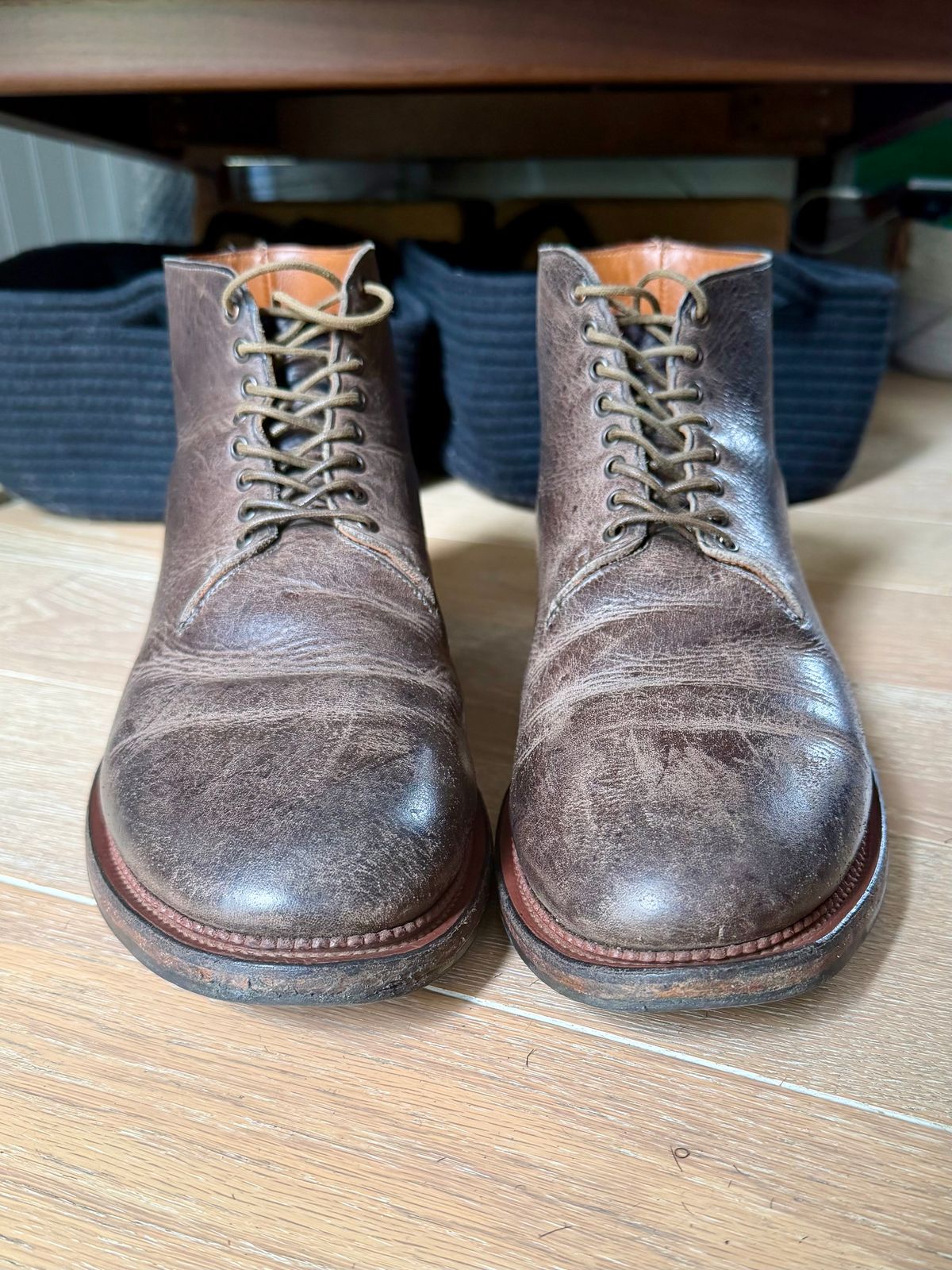 Photo by Drover_Shy on May 17, 2026 of the Viberg Wholecut Derby Boot in C.F. Stead Stone Waxed Kudu.