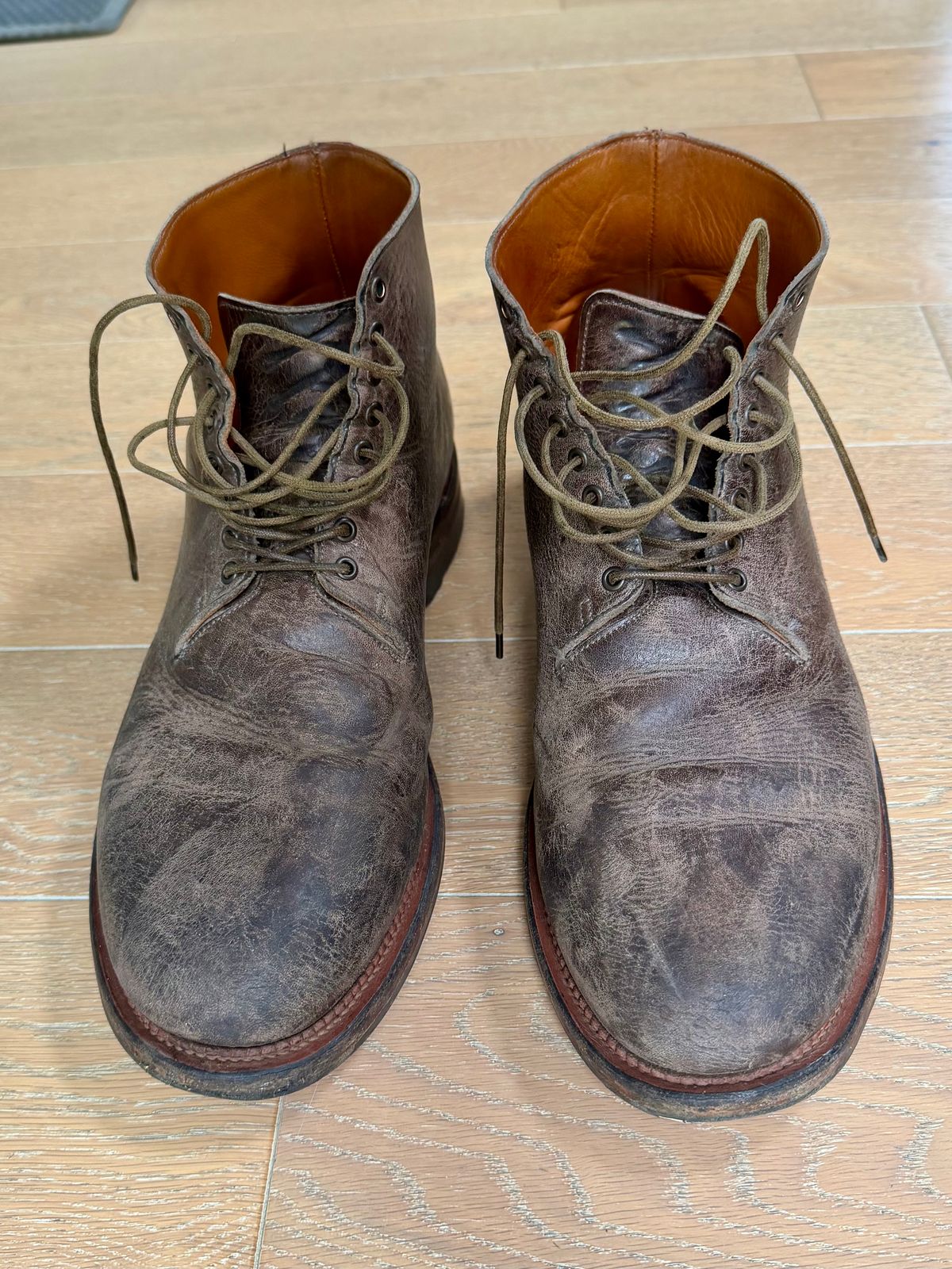 Photo by Drover_Shy on May 17, 2026 of the Viberg Wholecut Derby Boot in C.F. Stead Stone Waxed Kudu.