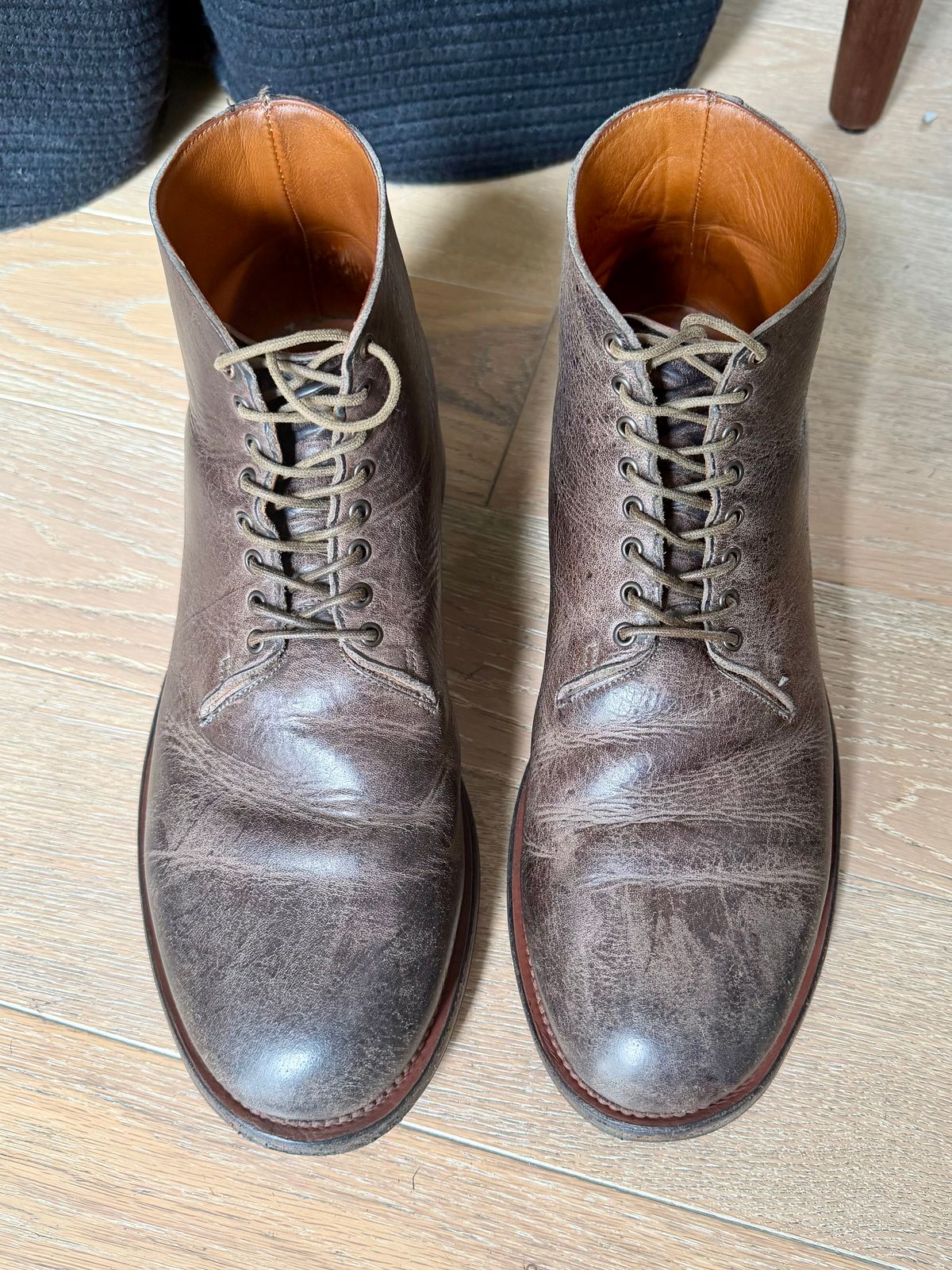 Photo by Drover_Shy on May 17, 2026 of the Viberg Wholecut Derby Boot in C.F. Stead Stone Waxed Kudu.