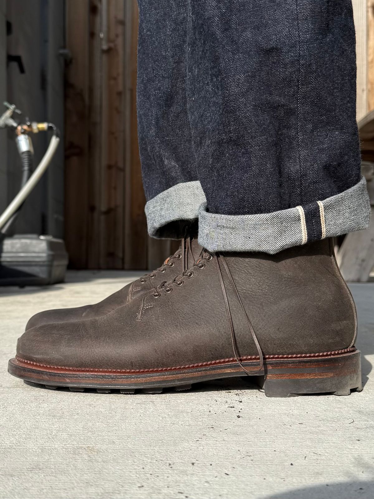 Photo by Drover_Shy on February 6, 2026 of the Viberg Wholecut Derby Boot in C.F. Stead Stone Waxed Kudu.
