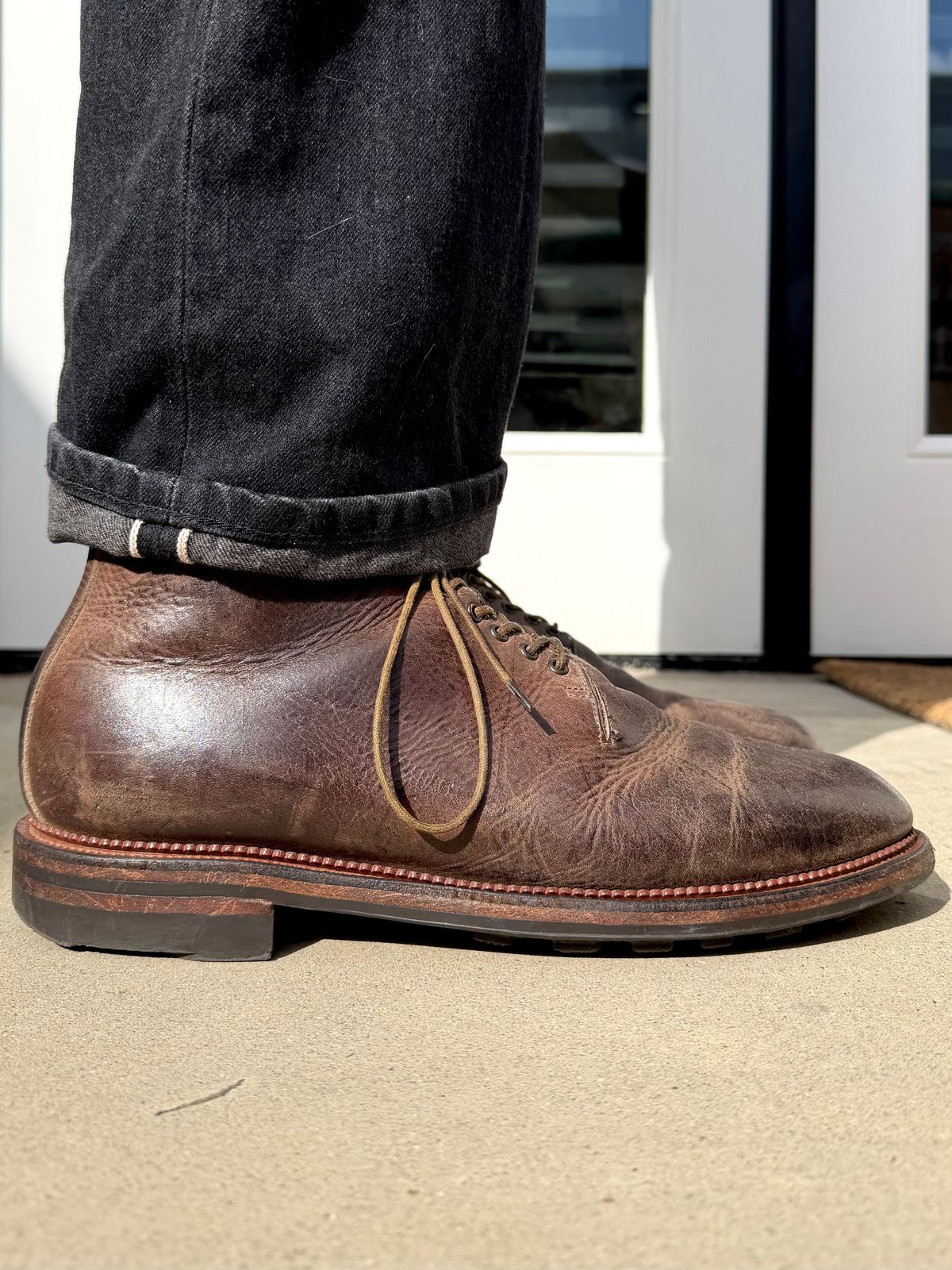 Photo by Drover_Shy on May 18, 2026 of the Viberg Wholecut Derby Boot in C.F. Stead Stone Waxed Kudu.