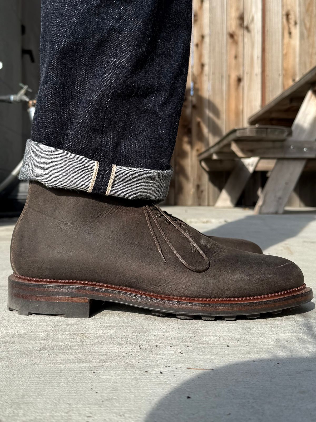 Photo by Drover_Shy on February 6, 2026 of the Viberg Wholecut Derby Boot in C.F. Stead Stone Waxed Kudu.