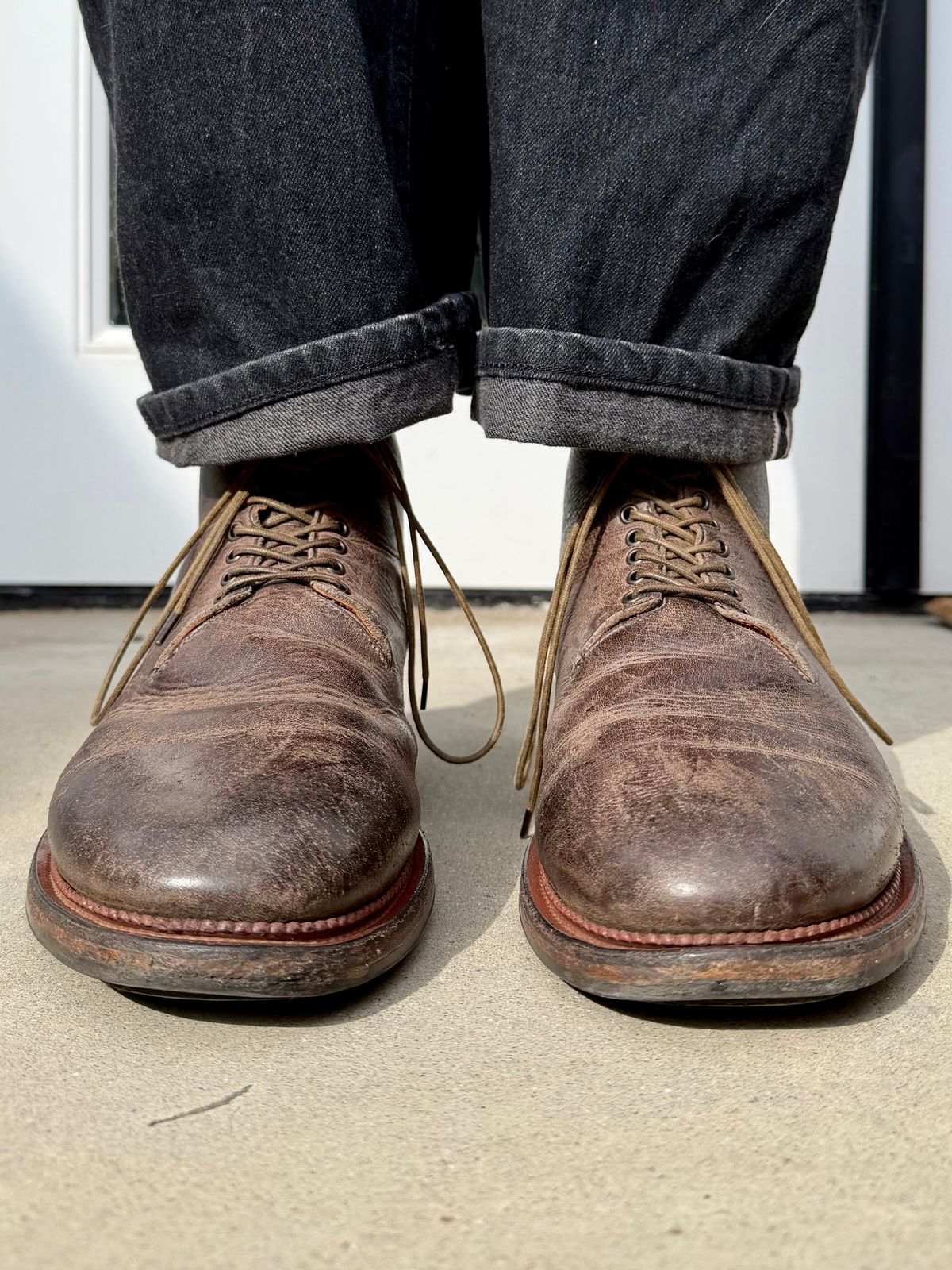 Photo by Drover_Shy on May 18, 2026 of the Viberg Wholecut Derby Boot in C.F. Stead Stone Waxed Kudu.