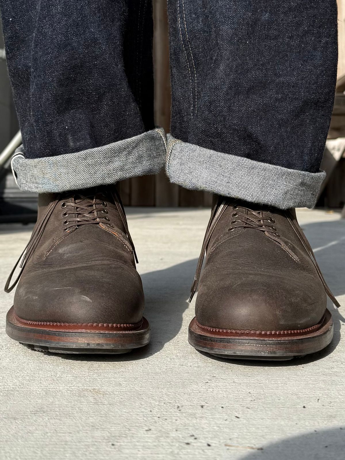 Photo by Drover_Shy on February 6, 2026 of the Viberg Wholecut Derby Boot in C.F. Stead Stone Waxed Kudu.