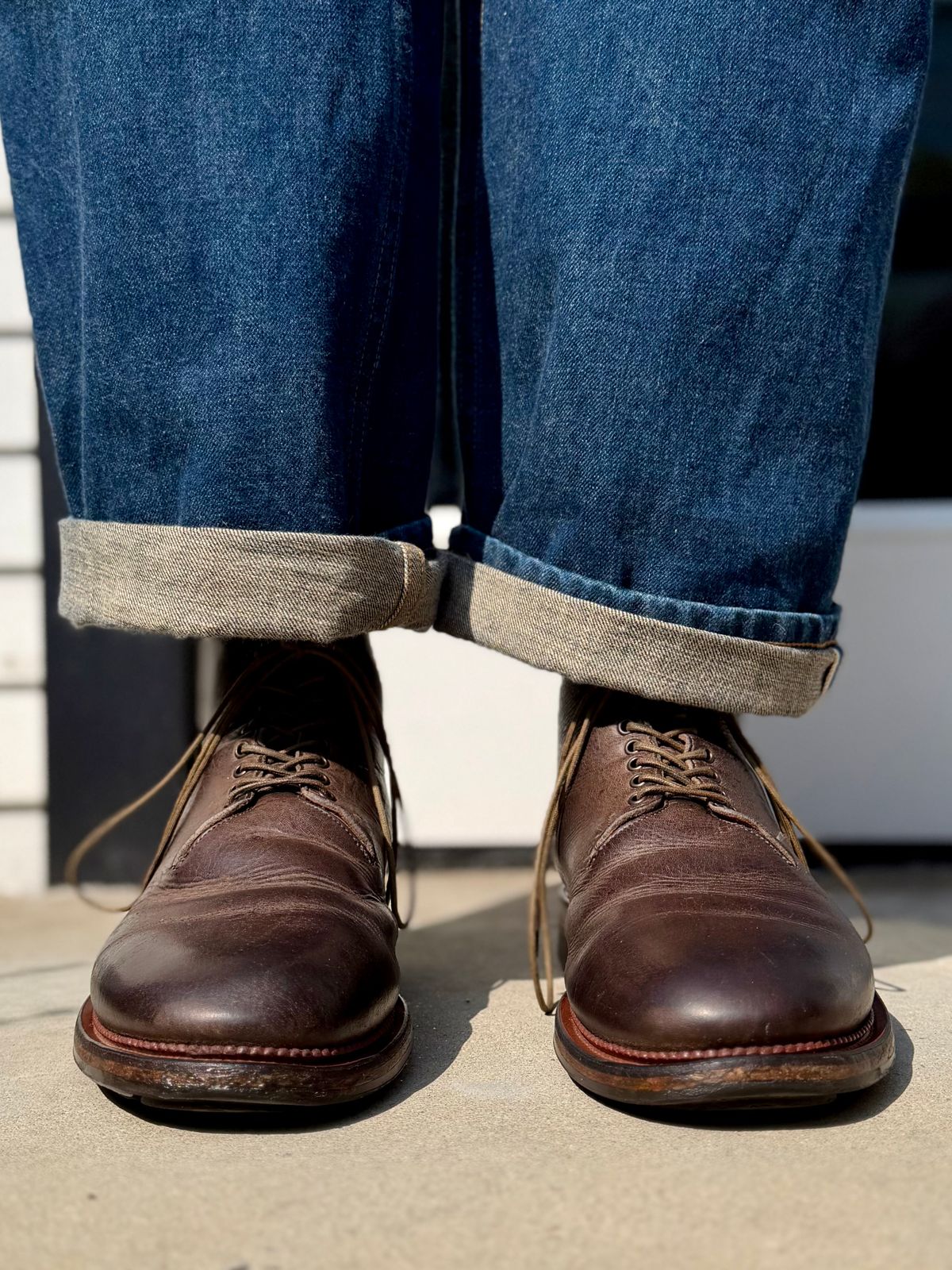 Photo by Drover_Shy on June 4, 2026 of the Viberg Wholecut Derby Boot in C.F. Stead Stone Waxed Kudu.