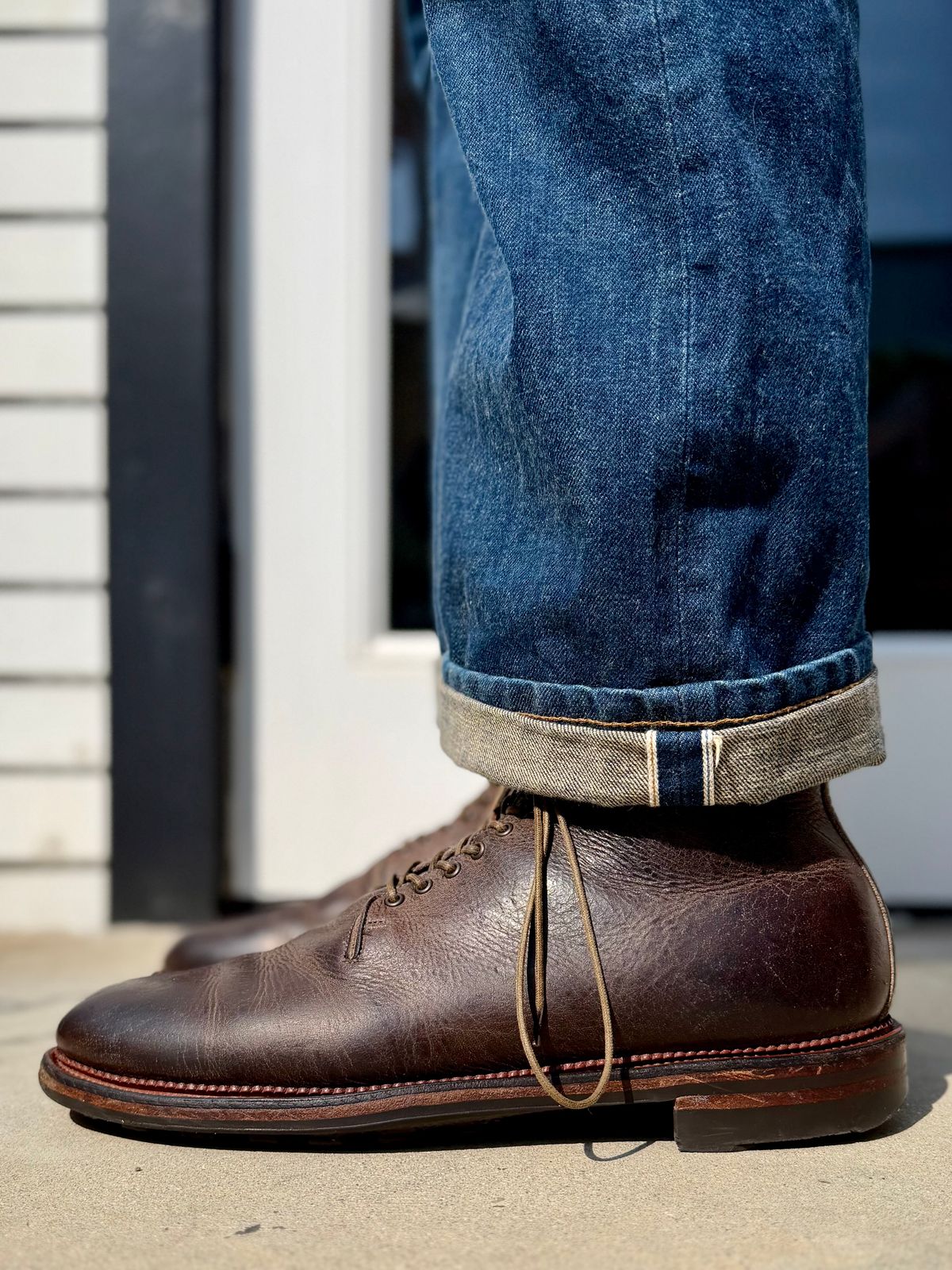 Photo by Drover_Shy on June 4, 2026 of the Viberg Wholecut Derby Boot in C.F. Stead Stone Waxed Kudu.