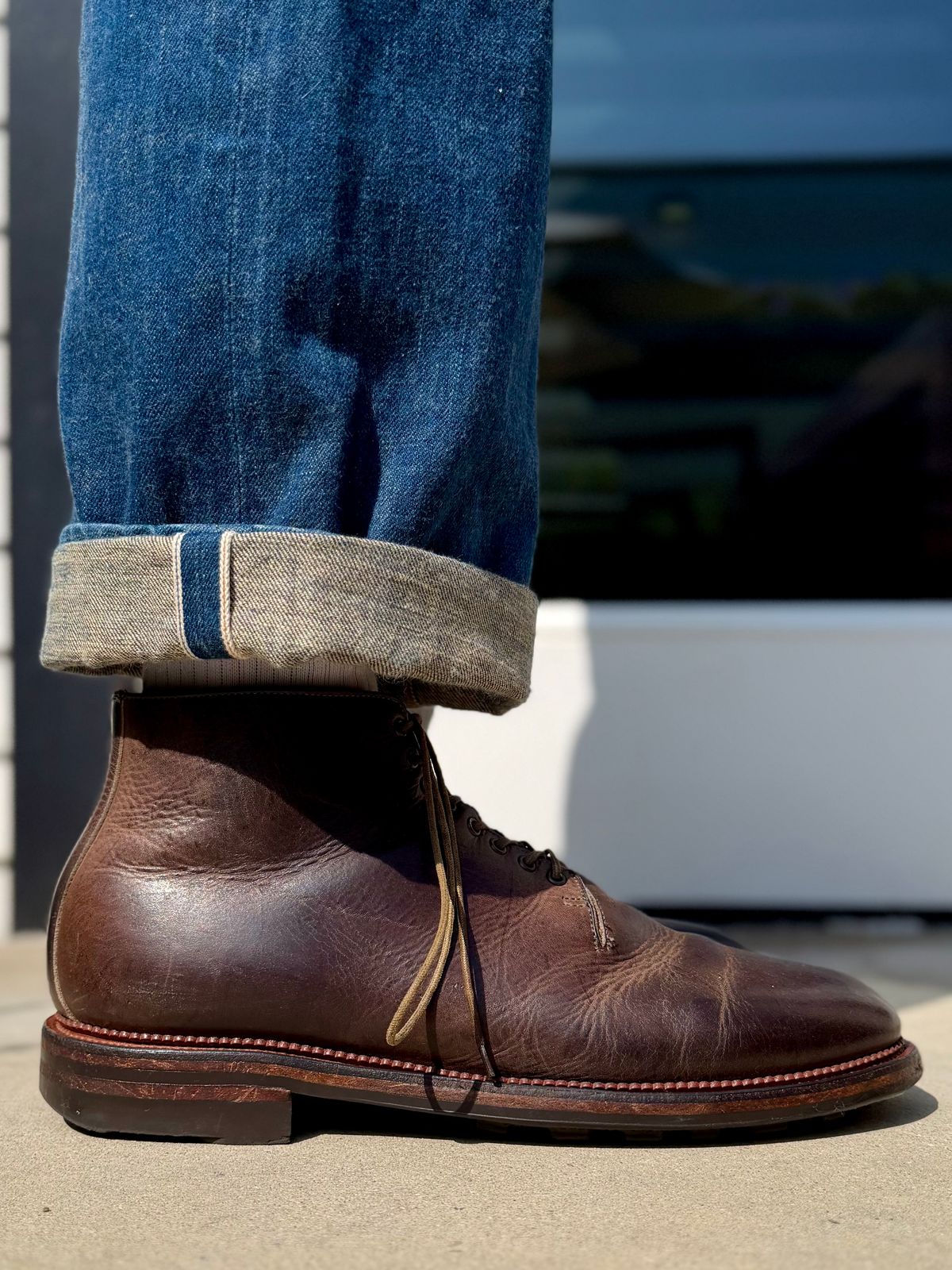 Photo by Drover_Shy on June 4, 2026 of the Viberg Wholecut Derby Boot in C.F. Stead Stone Waxed Kudu.